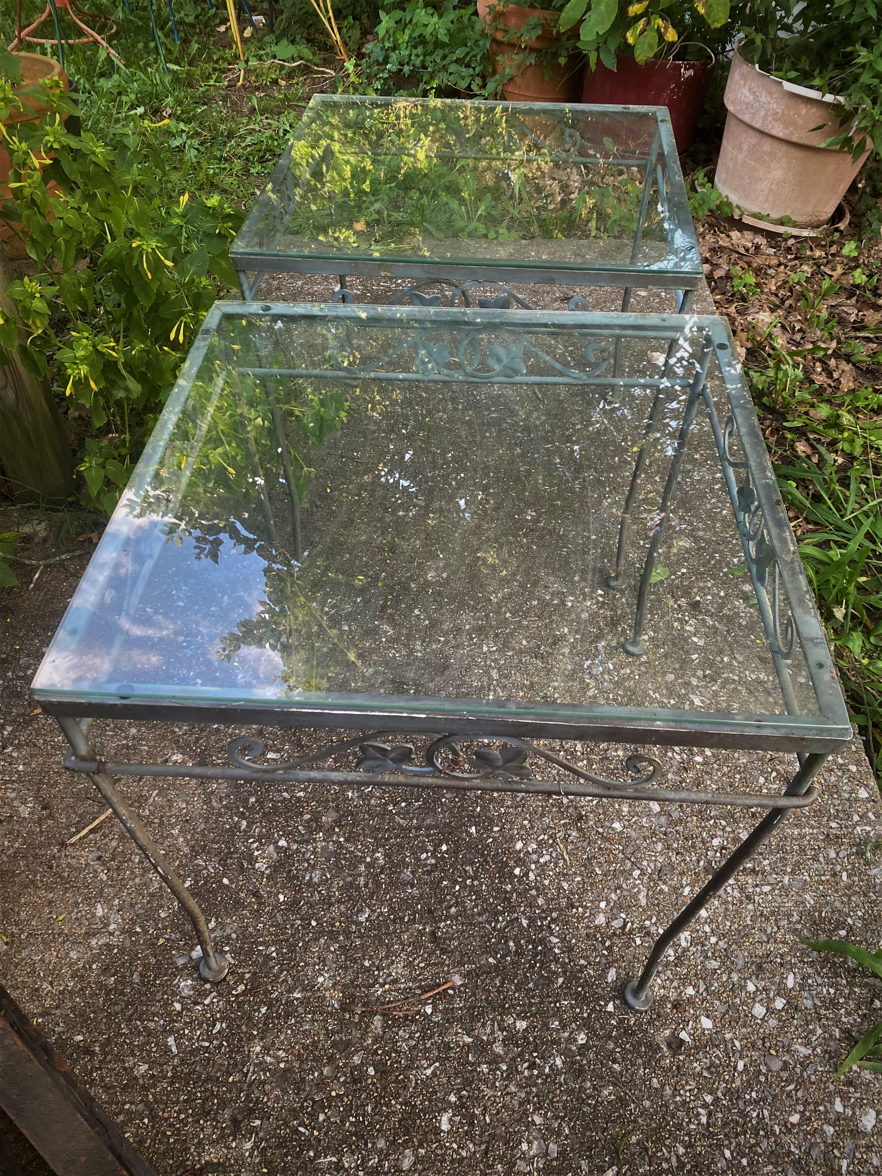 Vintage Wrought Salterini Style Iron Patio Side Tables with Glass Tops - a Pair In Good Condition In Clifton Forge, VA