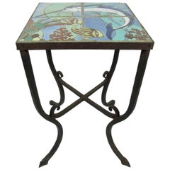 Vintage Wrought Iron Plant Stand with Four-Piece Ceramic Tile