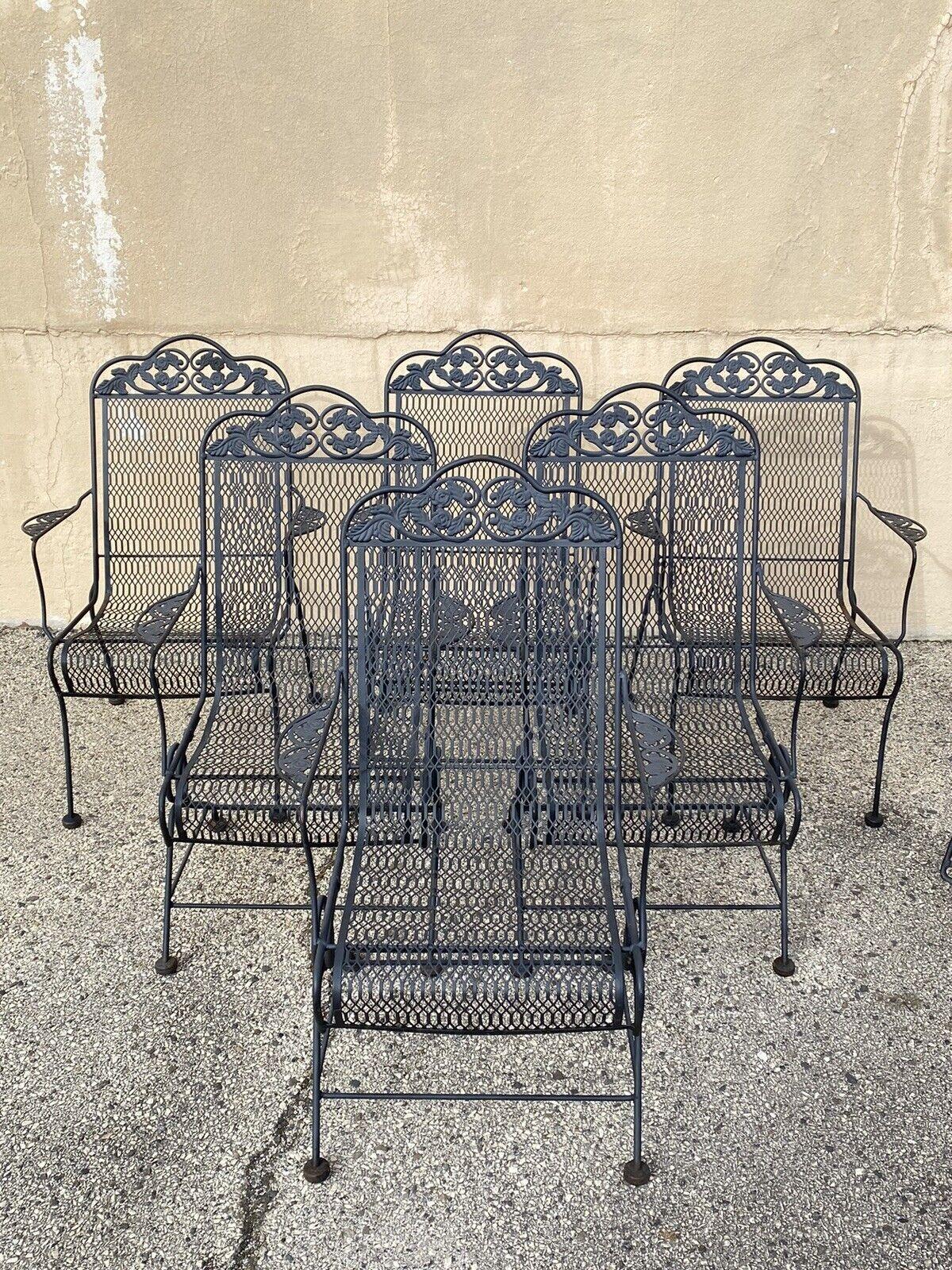 Vintage Wrought Iron Rose and Vine Pattern Garden Patio Chairs - 7 Pc Set For Sale 7