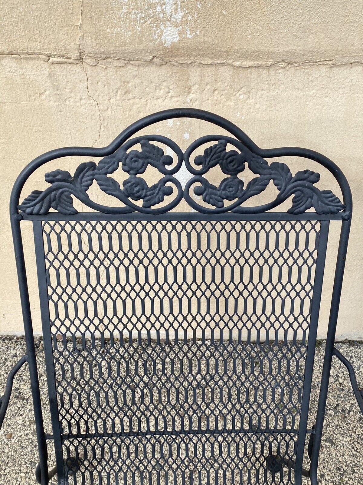 Vintage Wrought Iron Rose and Vine Pattern Garden Patio Chairs - 7 Pc Set In Good Condition For Sale In Philadelphia, PA