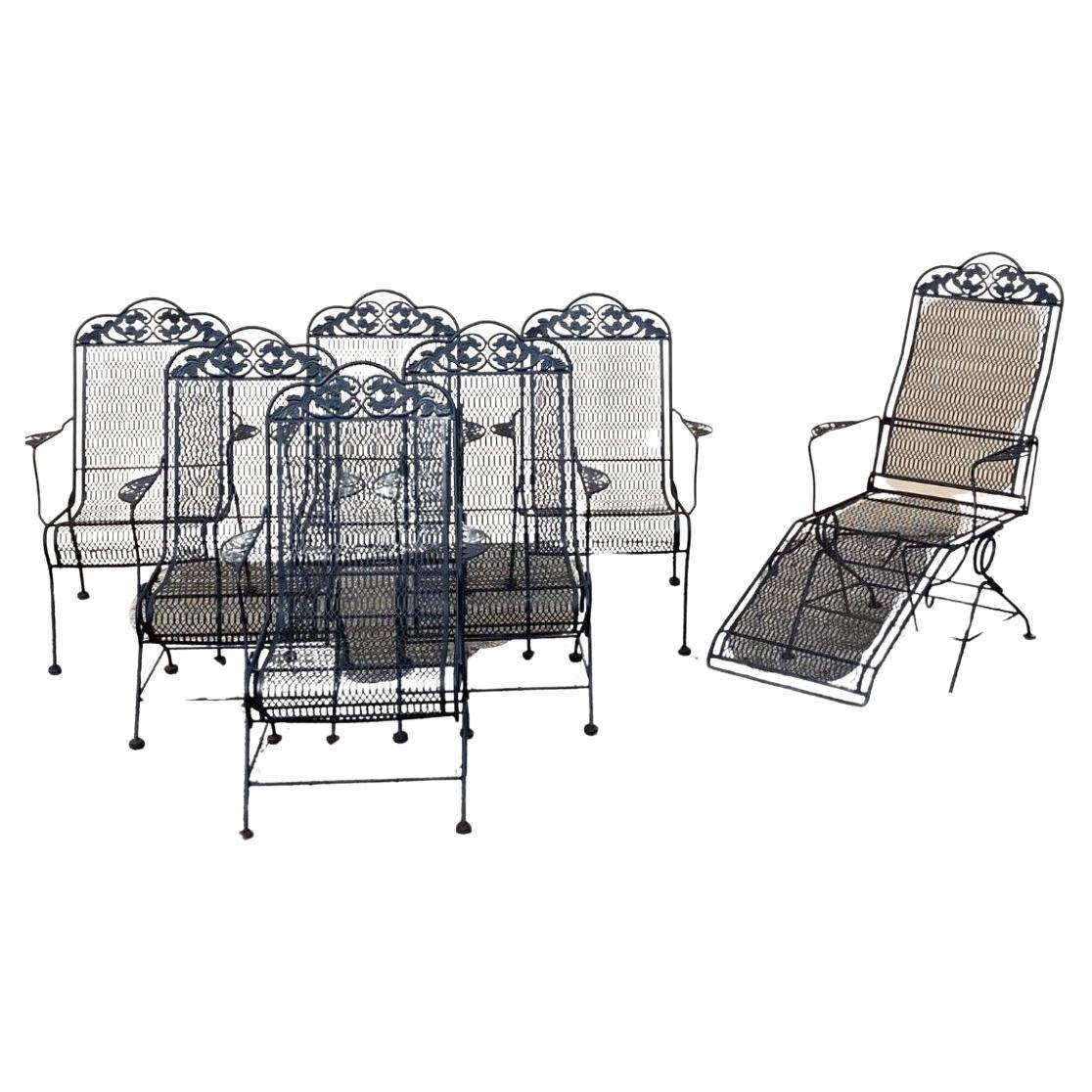 Vintage Wrought Iron Rose and Vine Pattern Garden Patio Chairs - 7 Pc Set