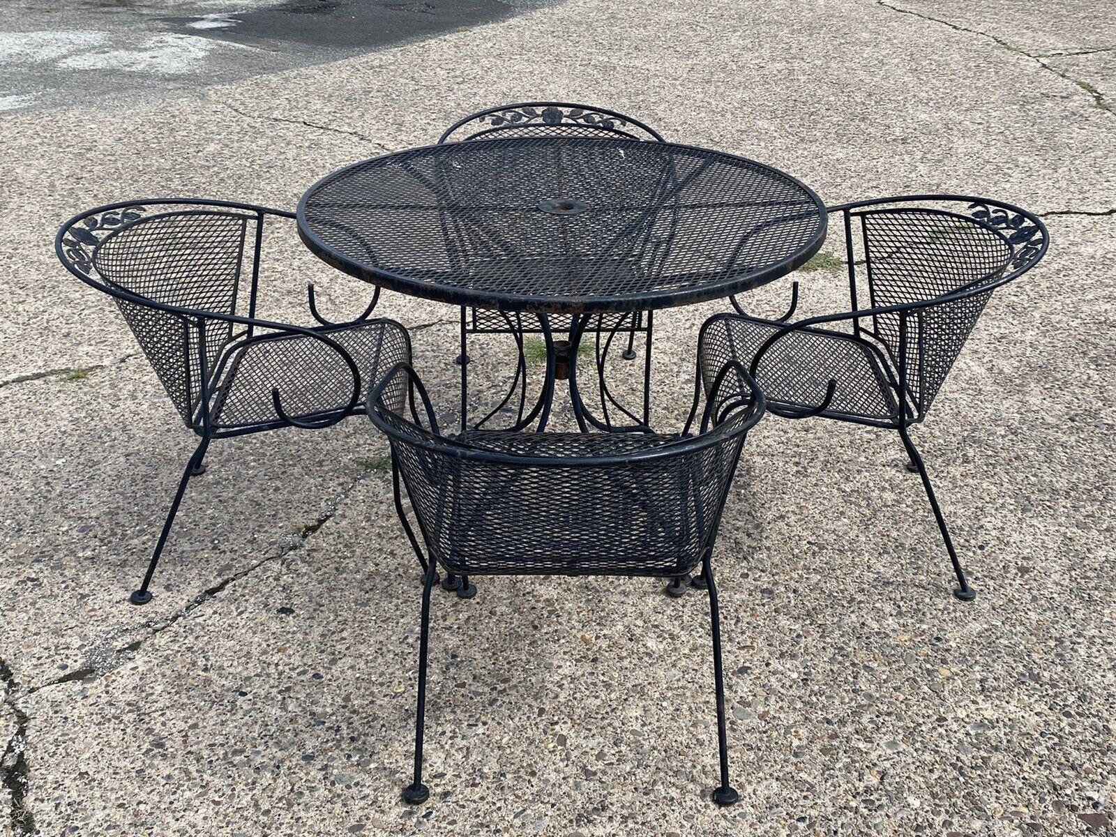 Vintage Wrought Iron Scroll Arm Garden Patio Dining Set 4 Chairs, 5pc Set 7
