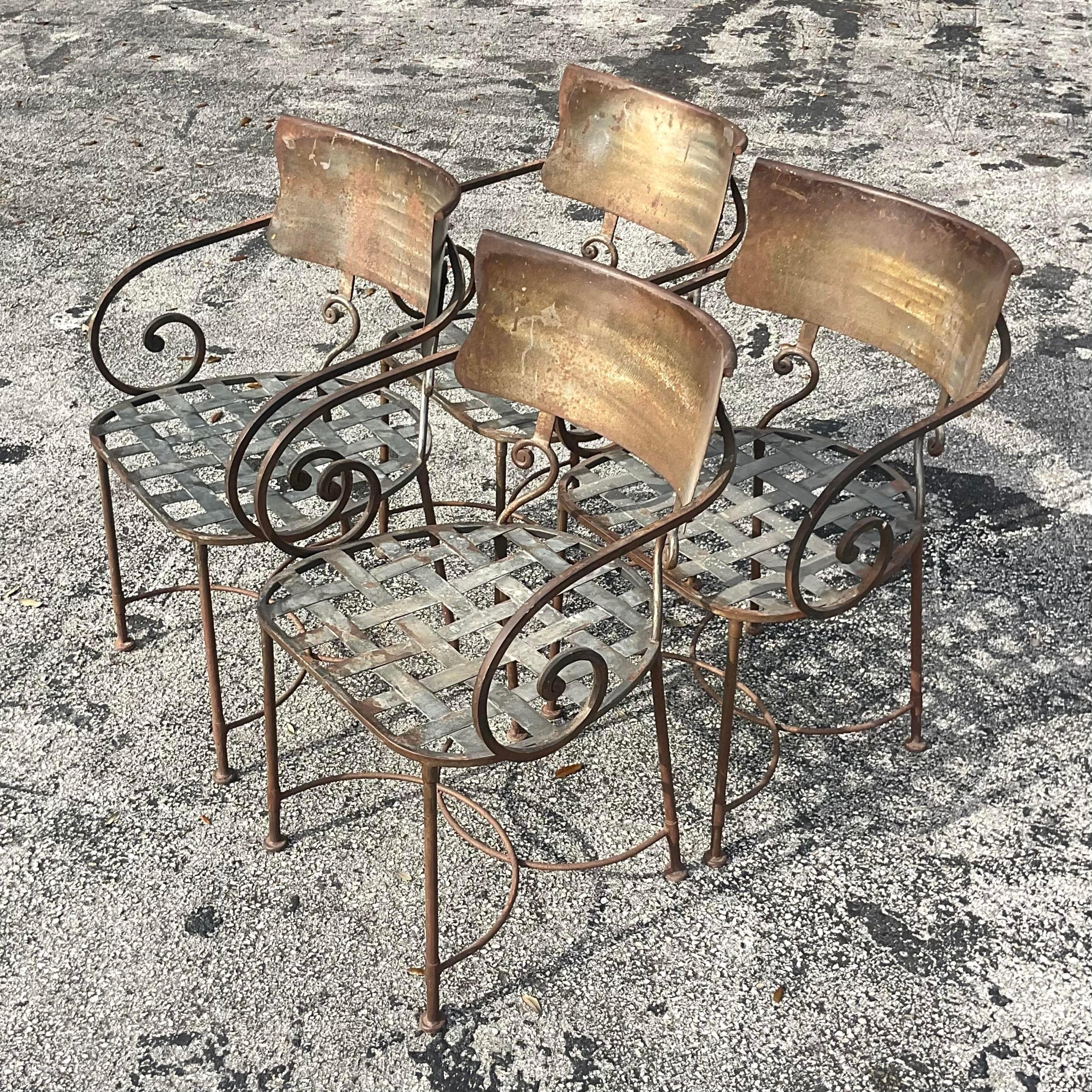 North American Vintage Wrought Iron Scroll Dining Chairs - Set of Four