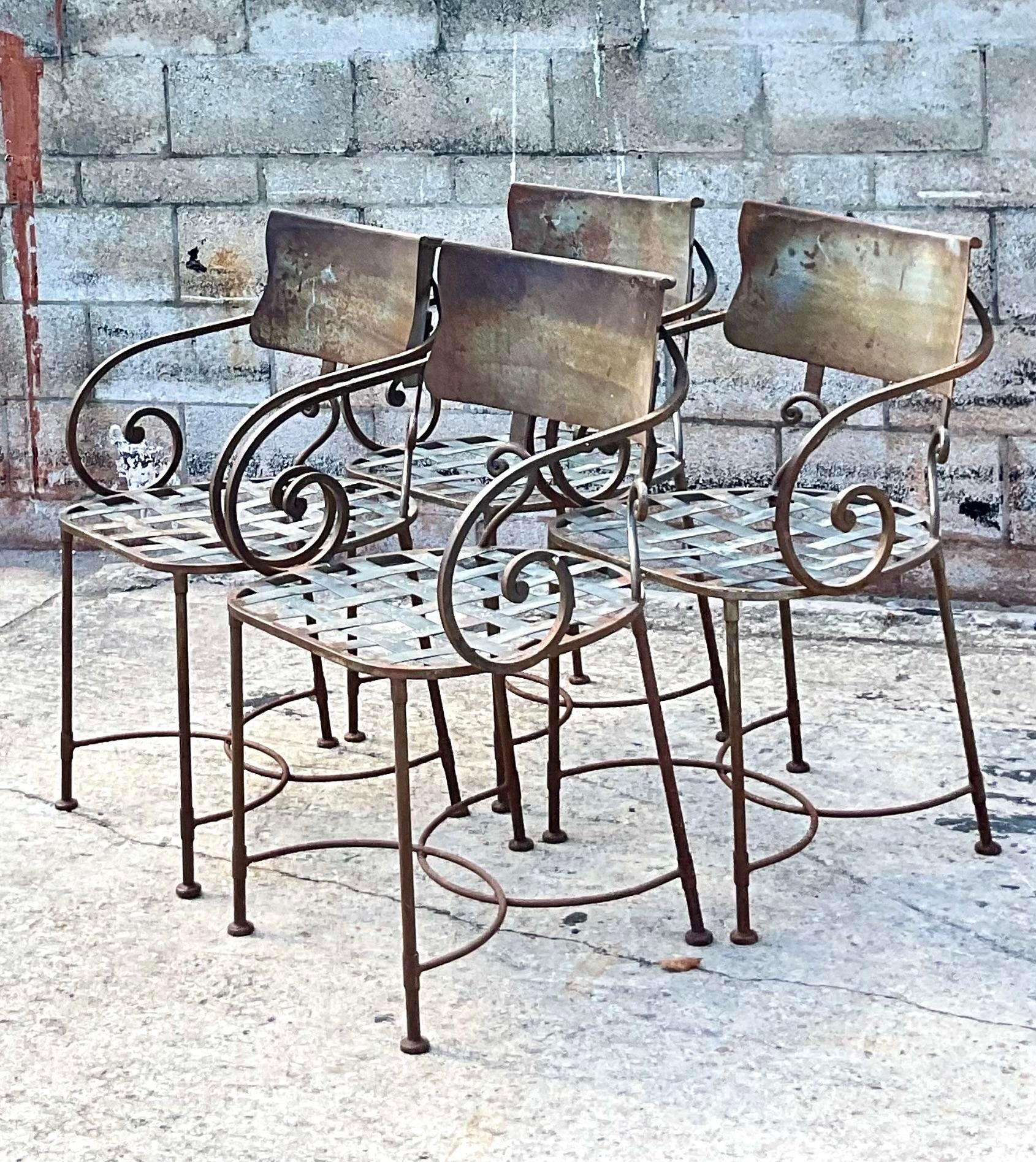 Vintage Wrought Iron Scroll Dining Chairs - Set of Four In Good Condition In west palm beach, FL