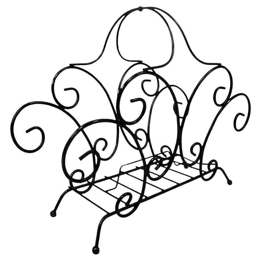 Vintage Wrought Iron Scrolling Hollywood Regency Whimsical Magazine Rack Stand