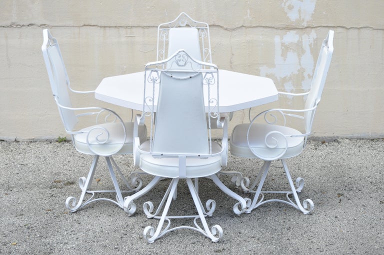 Vintage Wrought Iron Scrolling Swivel Hollywood Regency Kitchen Dining Set