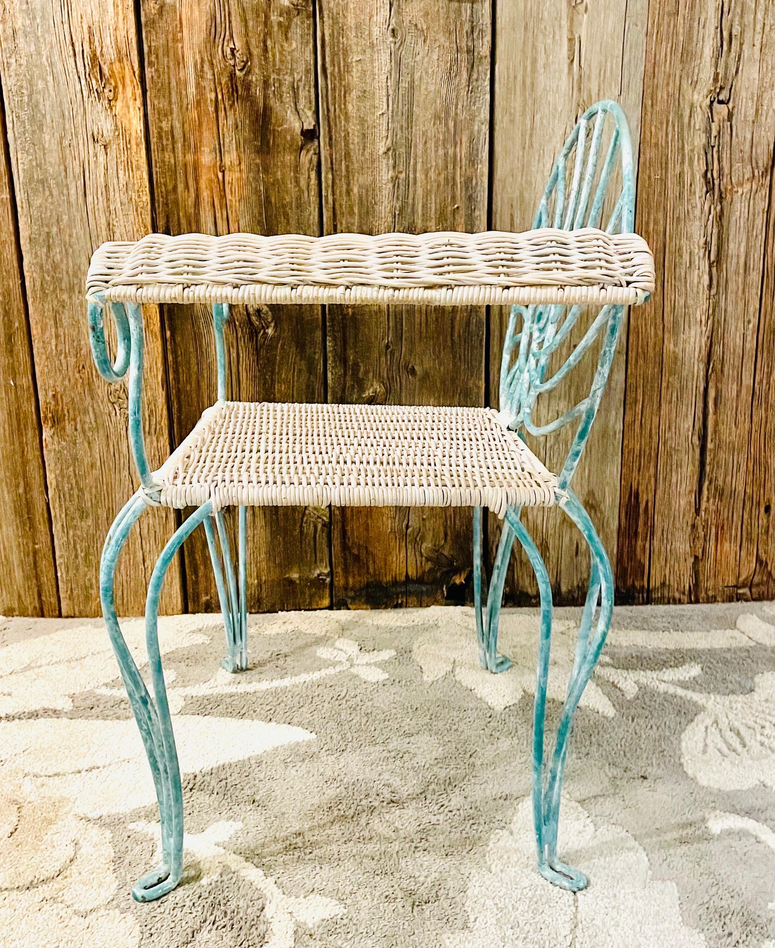 Vintage Wrought Iron Seating Antique Teal Shell Arm Chair For Sale 1