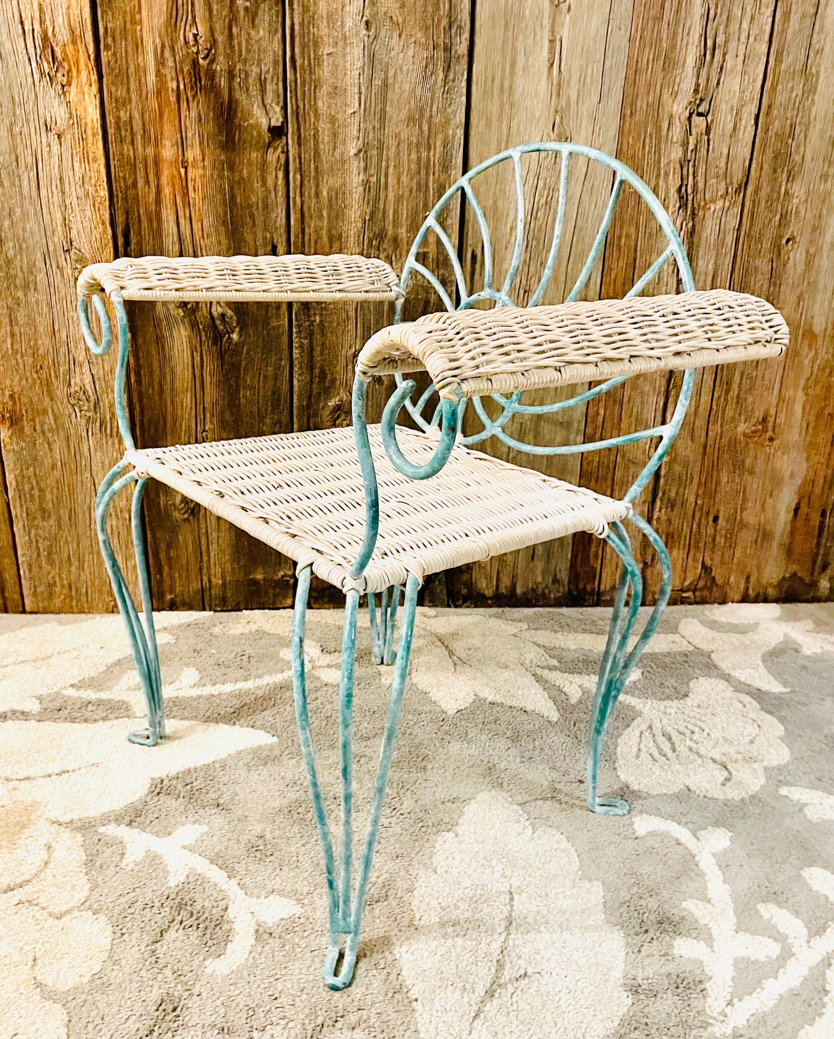Vintage Wrought Iron Seating Antique Teal Shell Arm Chair For Sale 2