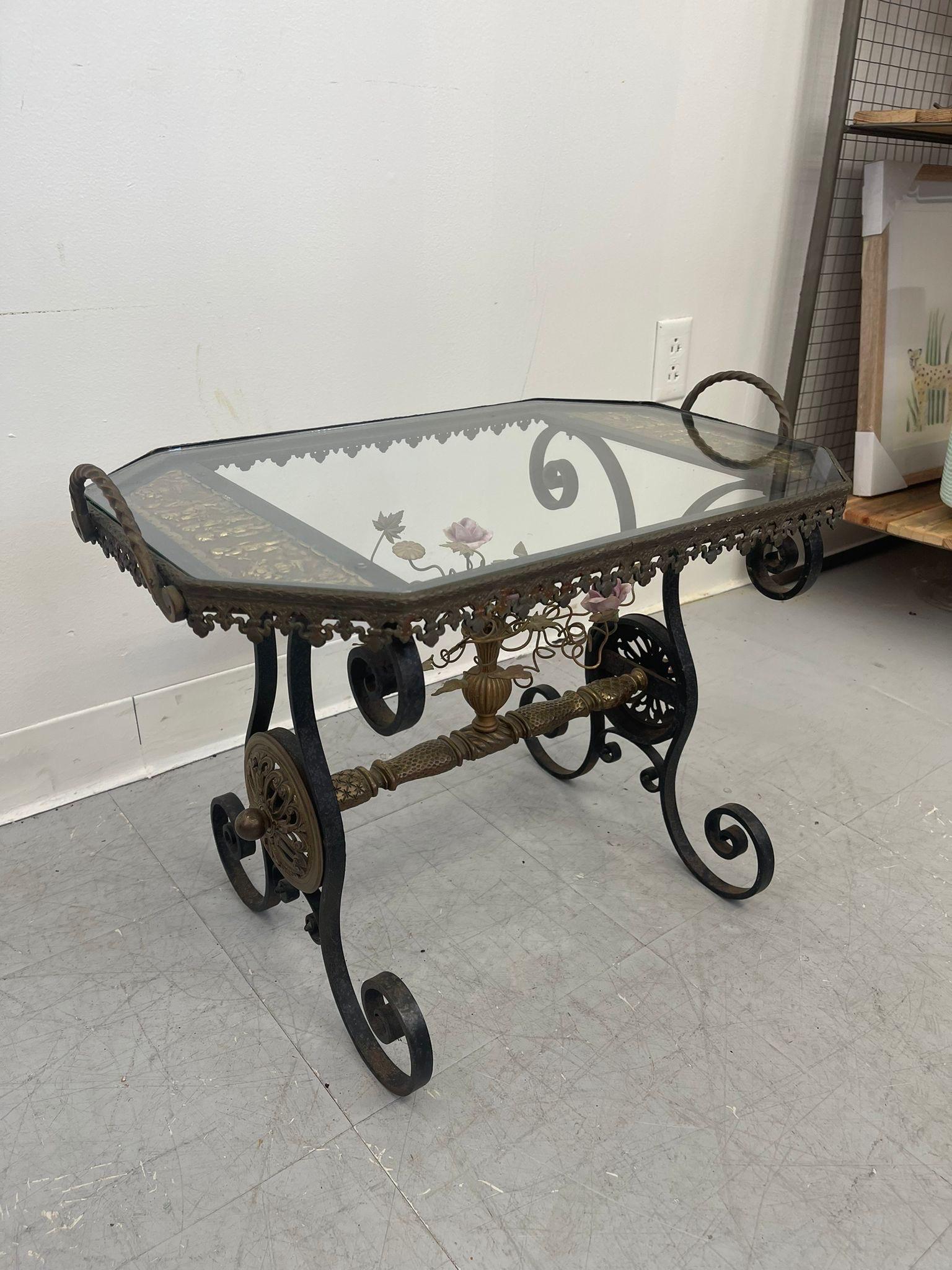 Mid-Century Modern Vintage Wrought Iron Side Table With Ornate Detailing and Glass Top. For Sale