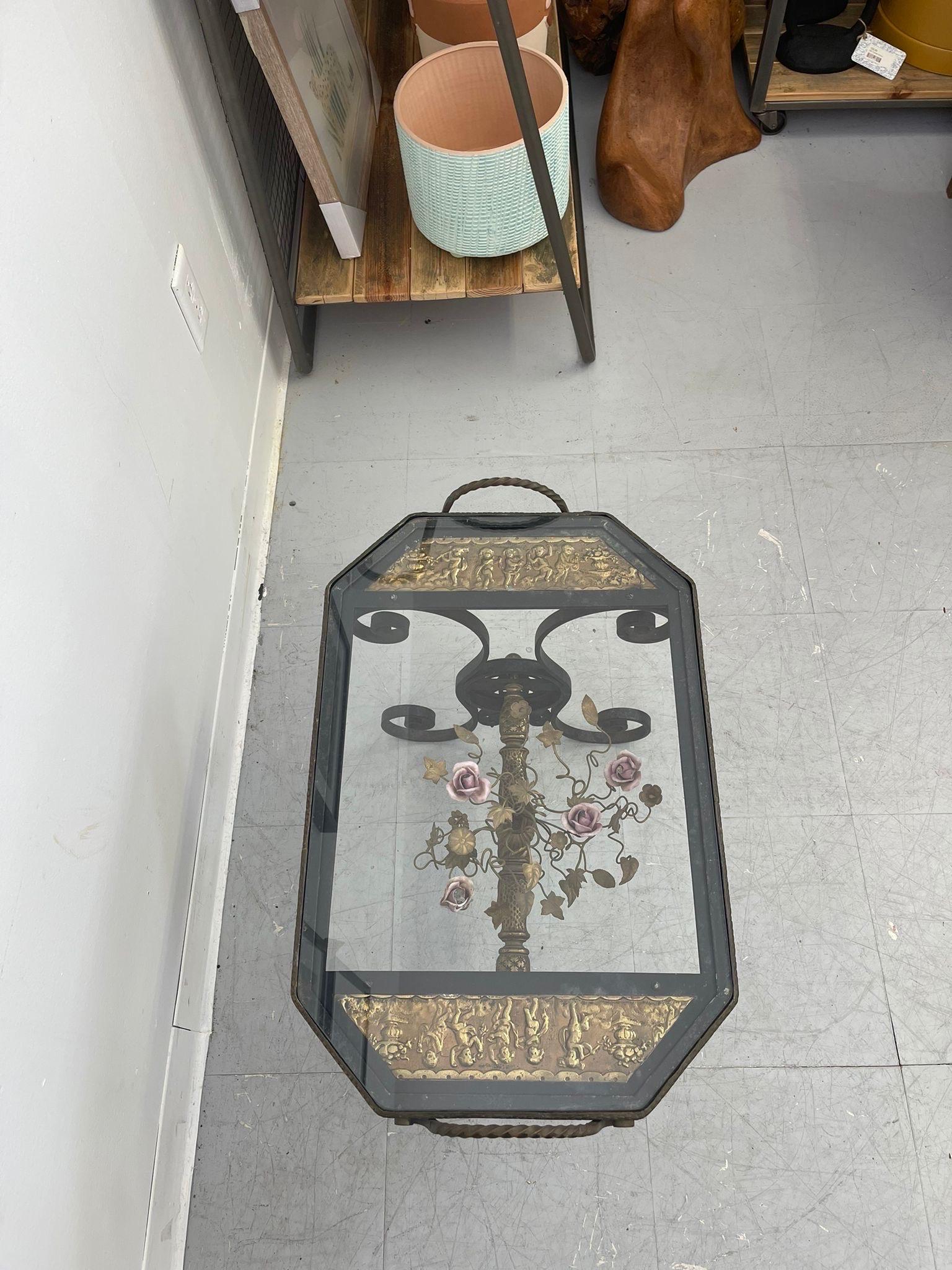 Vintage Wrought Iron Side Table With Ornate Detailing and Glass Top. In Good Condition For Sale In Seattle, WA