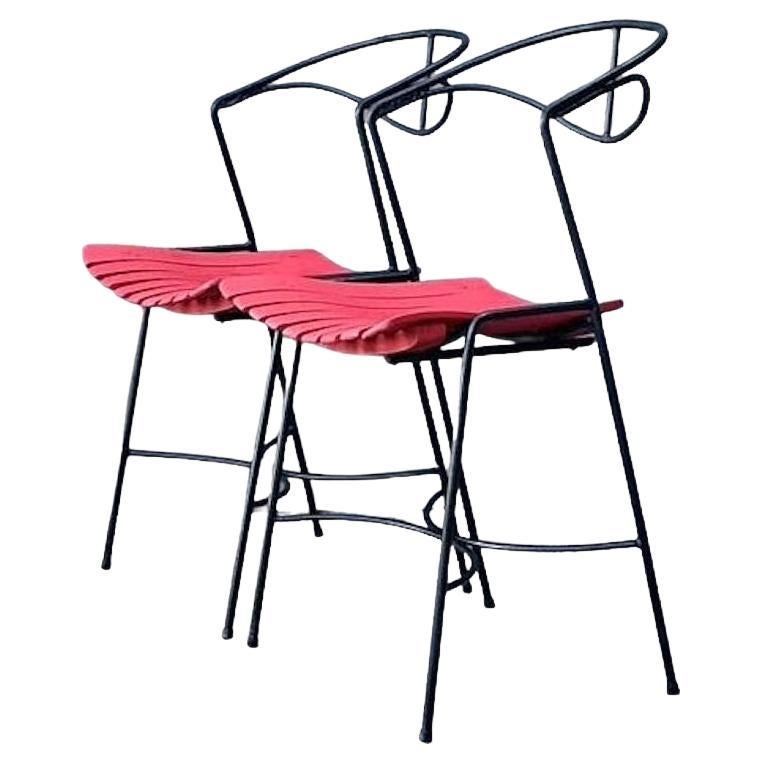 Vintage Wrought Iron Slat Chairs After Arthur Umanoff - A Pair For Sale