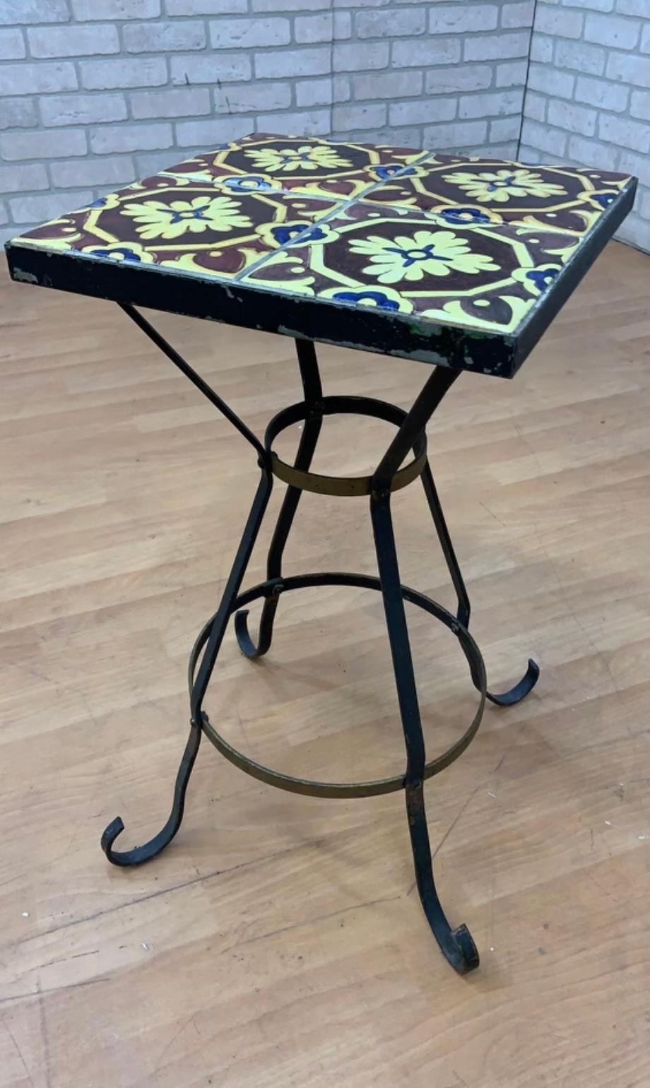Art Deco Vintage Wrought Iron Tile Top Accent Table For Sale