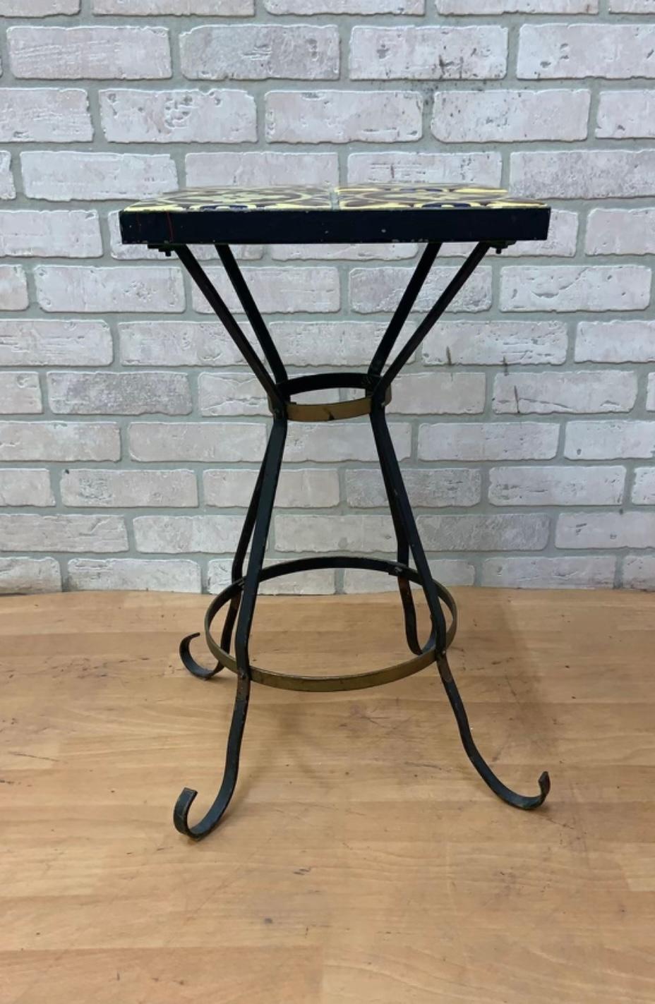 Hand-Carved Vintage Wrought Iron Tile Top Accent Table For Sale