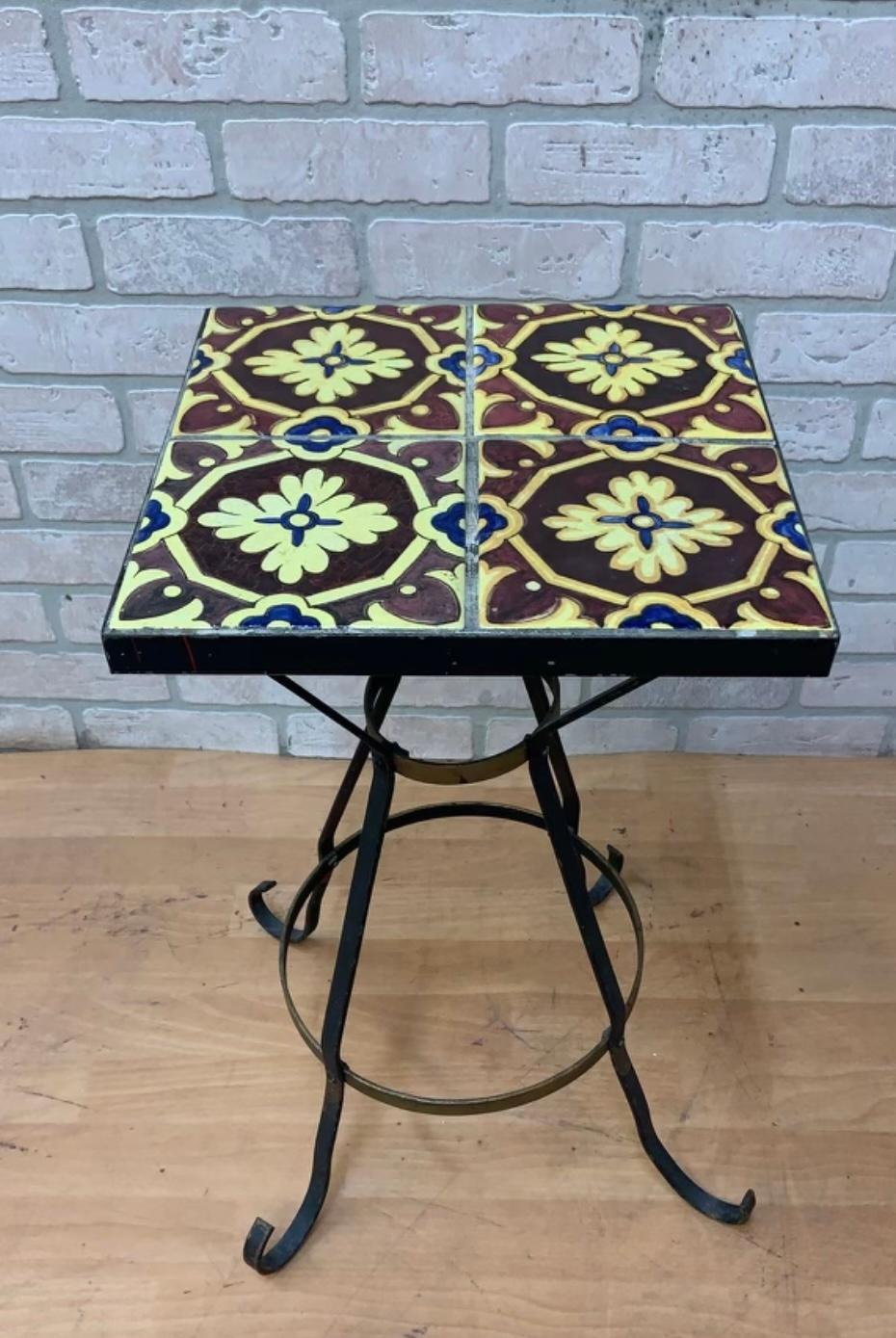 Late 20th Century Vintage Wrought Iron Tile Top Accent Table For Sale
