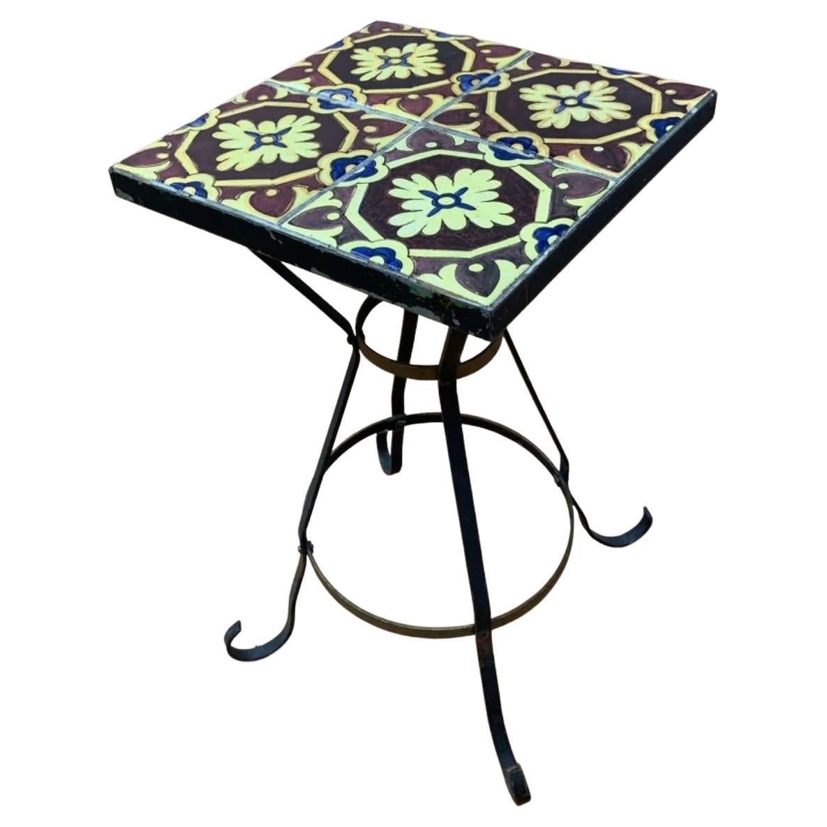 Vintage Wrought Iron Tile Top Accent Table For Sale