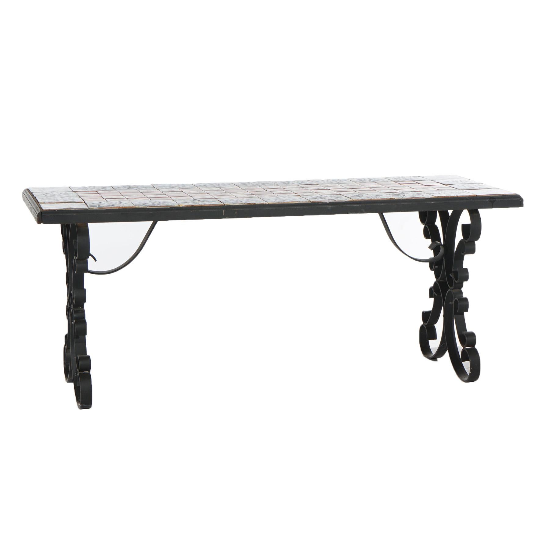 Vintage Wrought Iron Tile Top Sofa Table, Saying by Ralph Waldo Emerson, 20thC 8