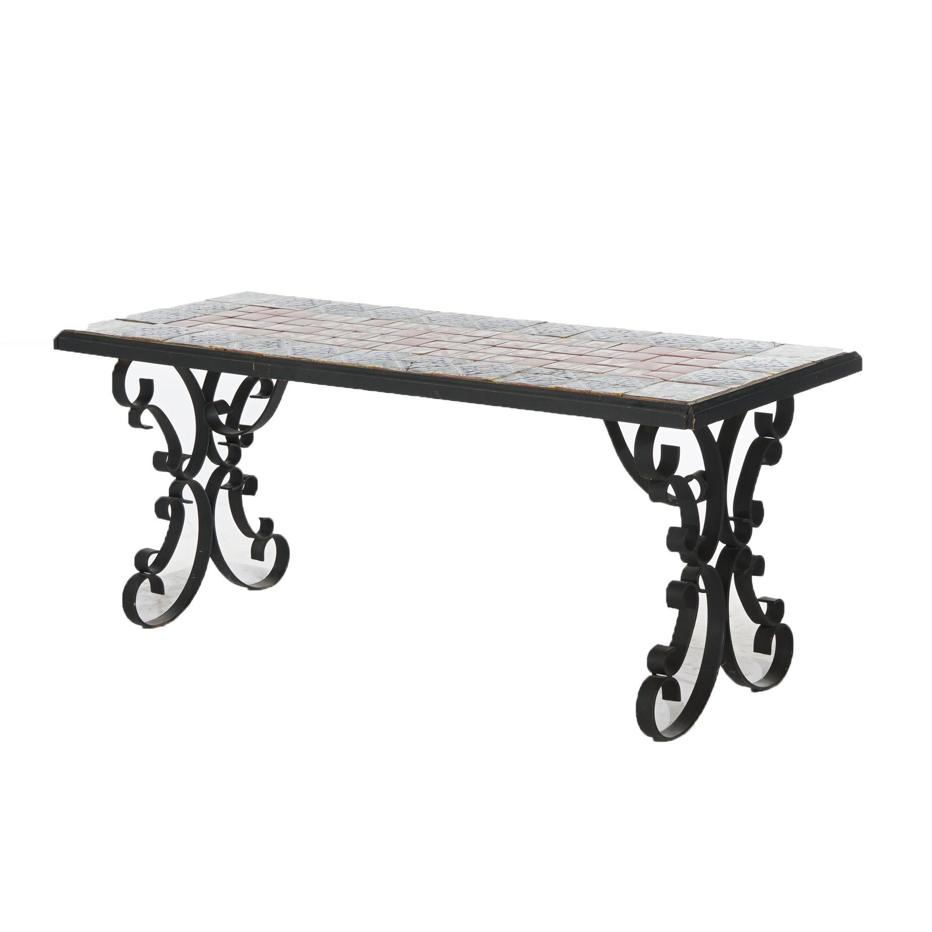 Vintage Wrought Iron Tile Top Sofa Table, Saying by Ralph Waldo Emerson, 20thC 9