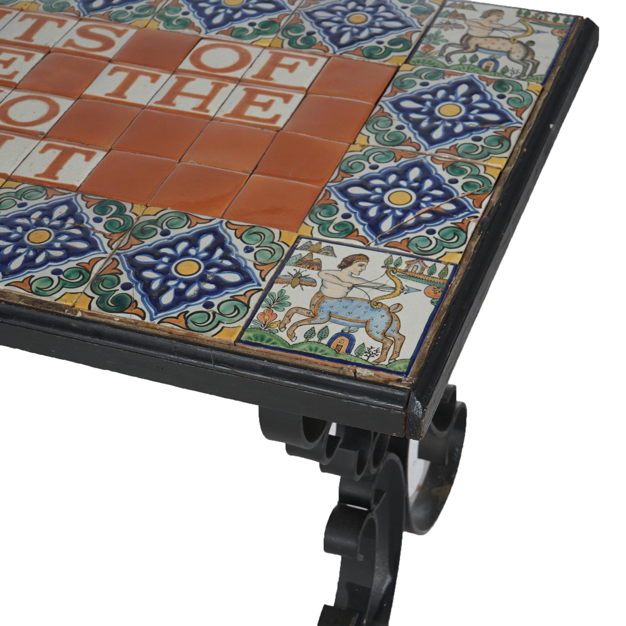 20th Century Vintage Wrought Iron Tile Top Sofa Table, Saying by Ralph Waldo Emerson, 20thC