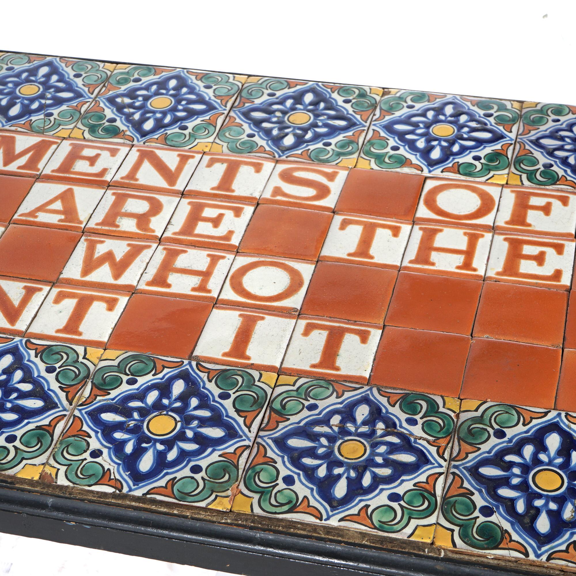 Vintage Wrought Iron Tile Top Sofa Table, Saying by Ralph Waldo Emerson, 20thC 1