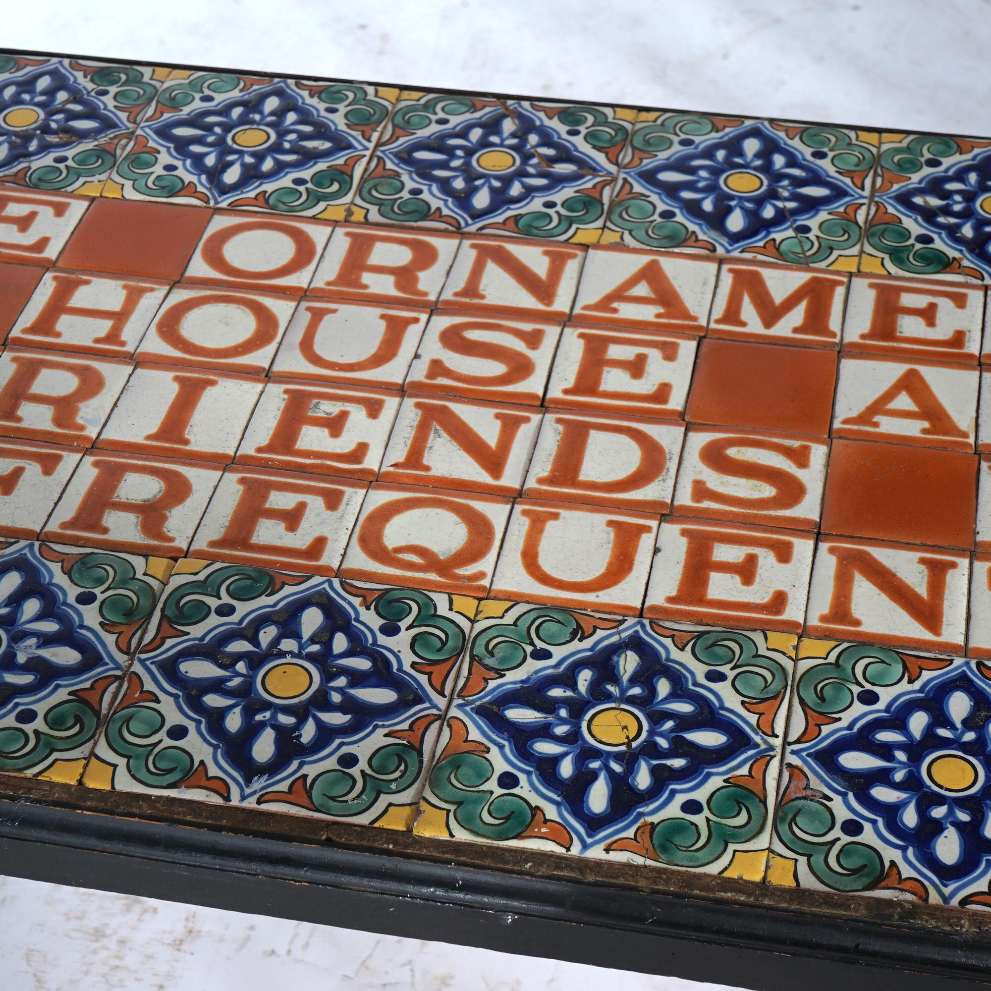 Vintage Wrought Iron Tile Top Sofa Table, Saying by Ralph Waldo Emerson, 20thC 2