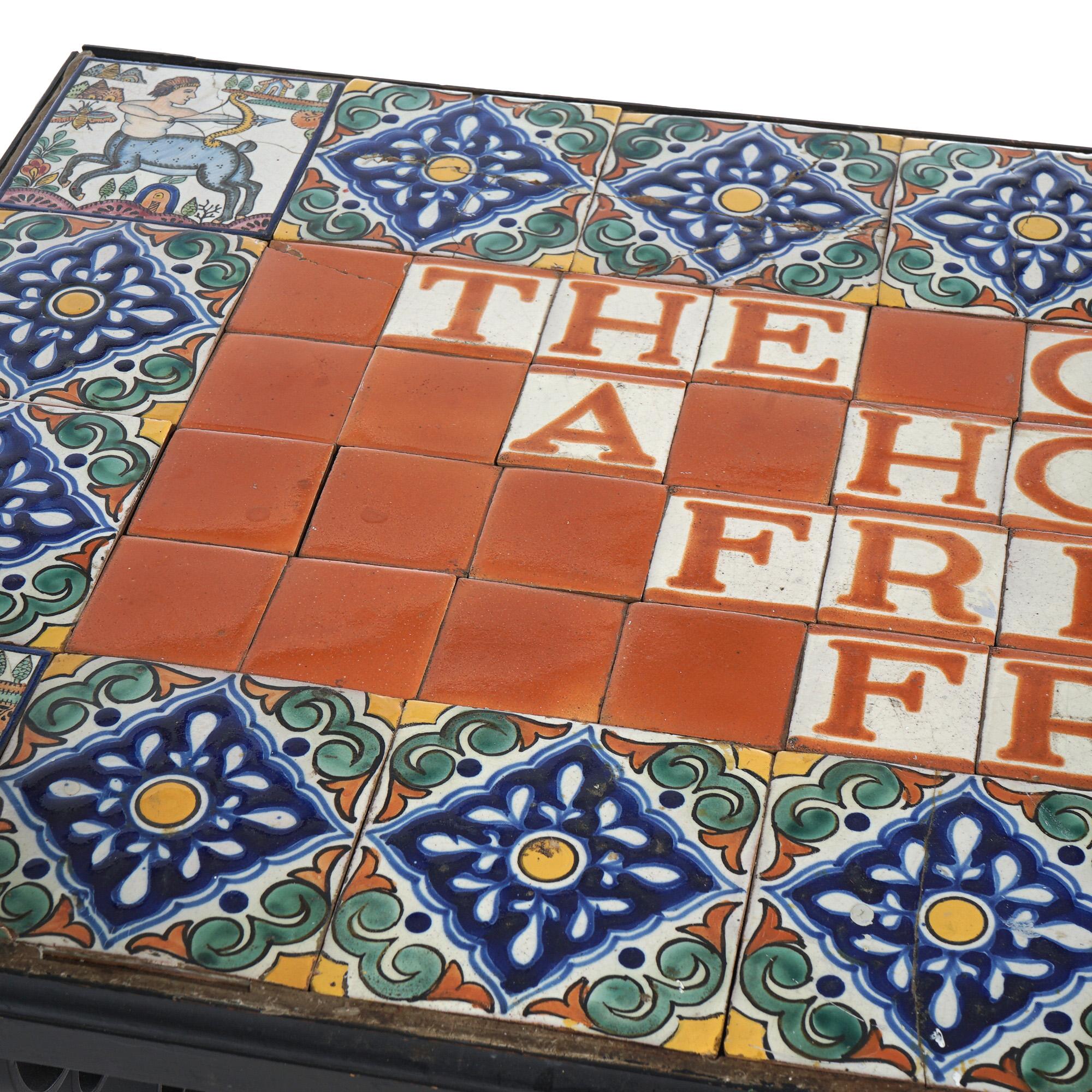 Vintage Wrought Iron Tile Top Sofa Table, Saying by Ralph Waldo Emerson, 20thC 3