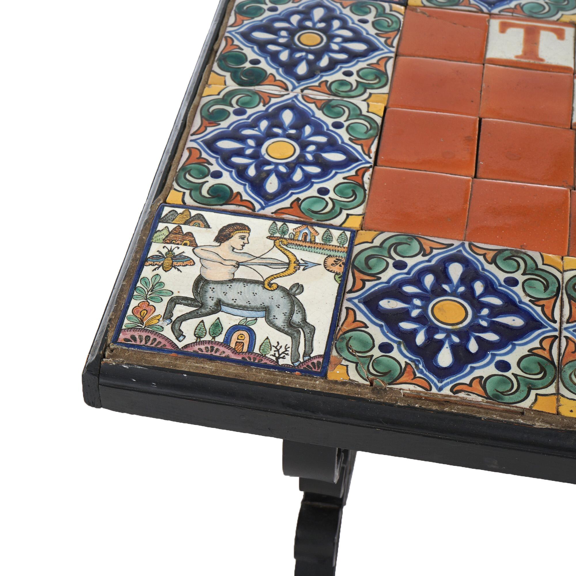 Vintage Wrought Iron Tile Top Sofa Table, Saying by Ralph Waldo Emerson, 20thC 4