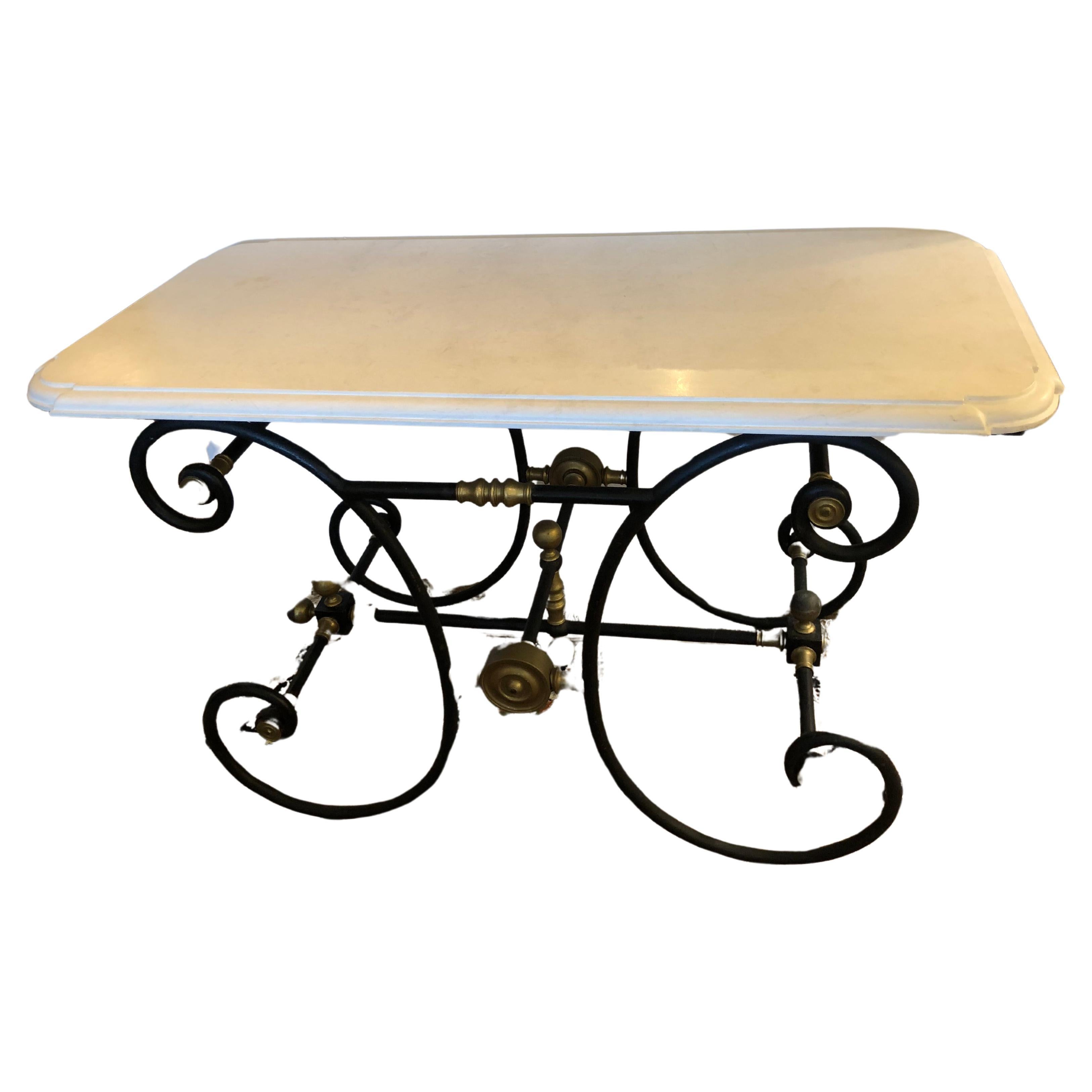 Vintage Wrought Iron & Travertine Patisserie Table Console Kitchen Island For Sale