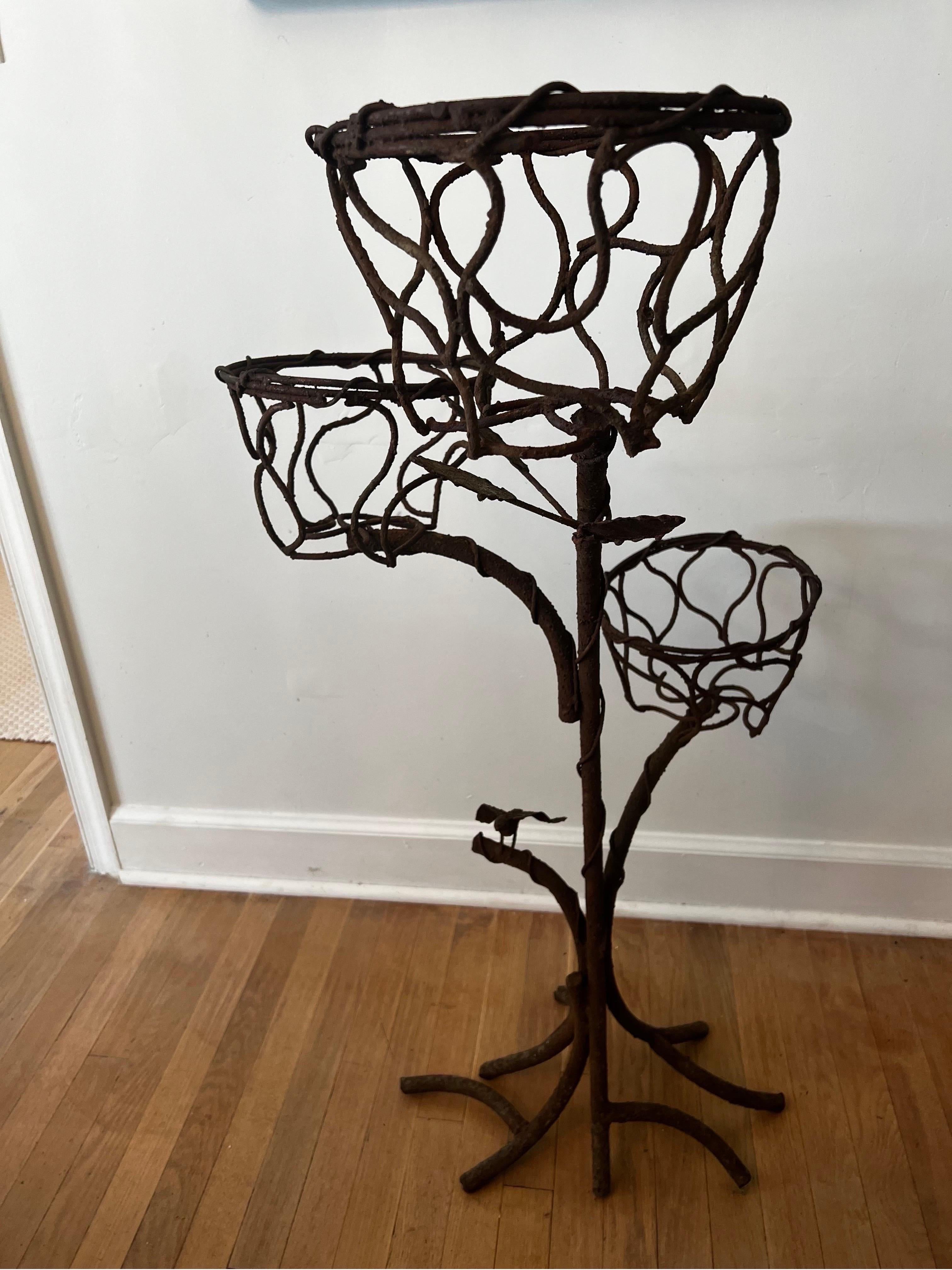 20th Century Vintage Wrought Iron Tree Branches with Bird Plant Stand in Manner of Giacometti For Sale
