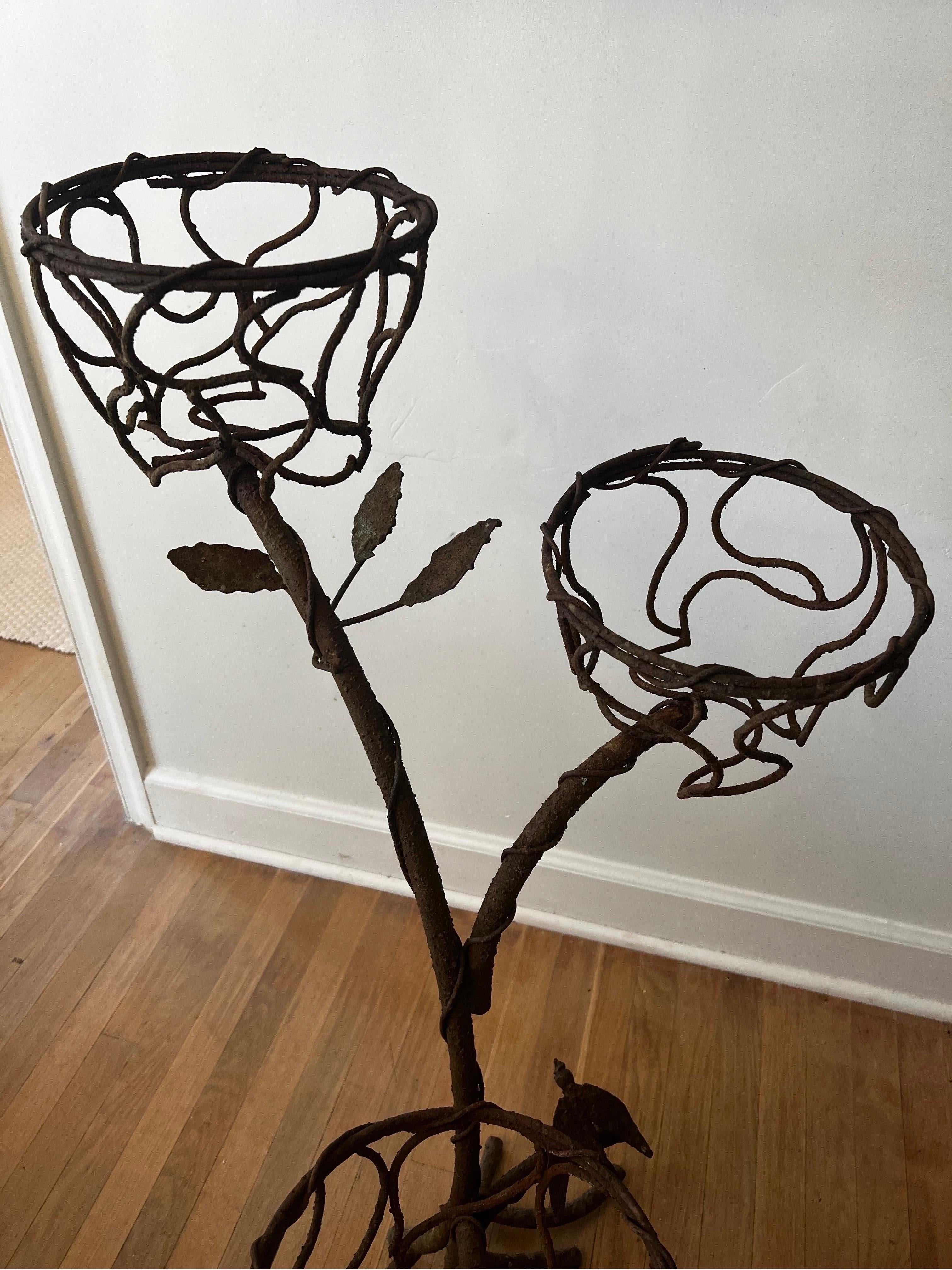 Vintage Schmiedeeisen Baum Zweige mit Vogel Pflanzen Stand in der Art von Giacometti im Angebot 3