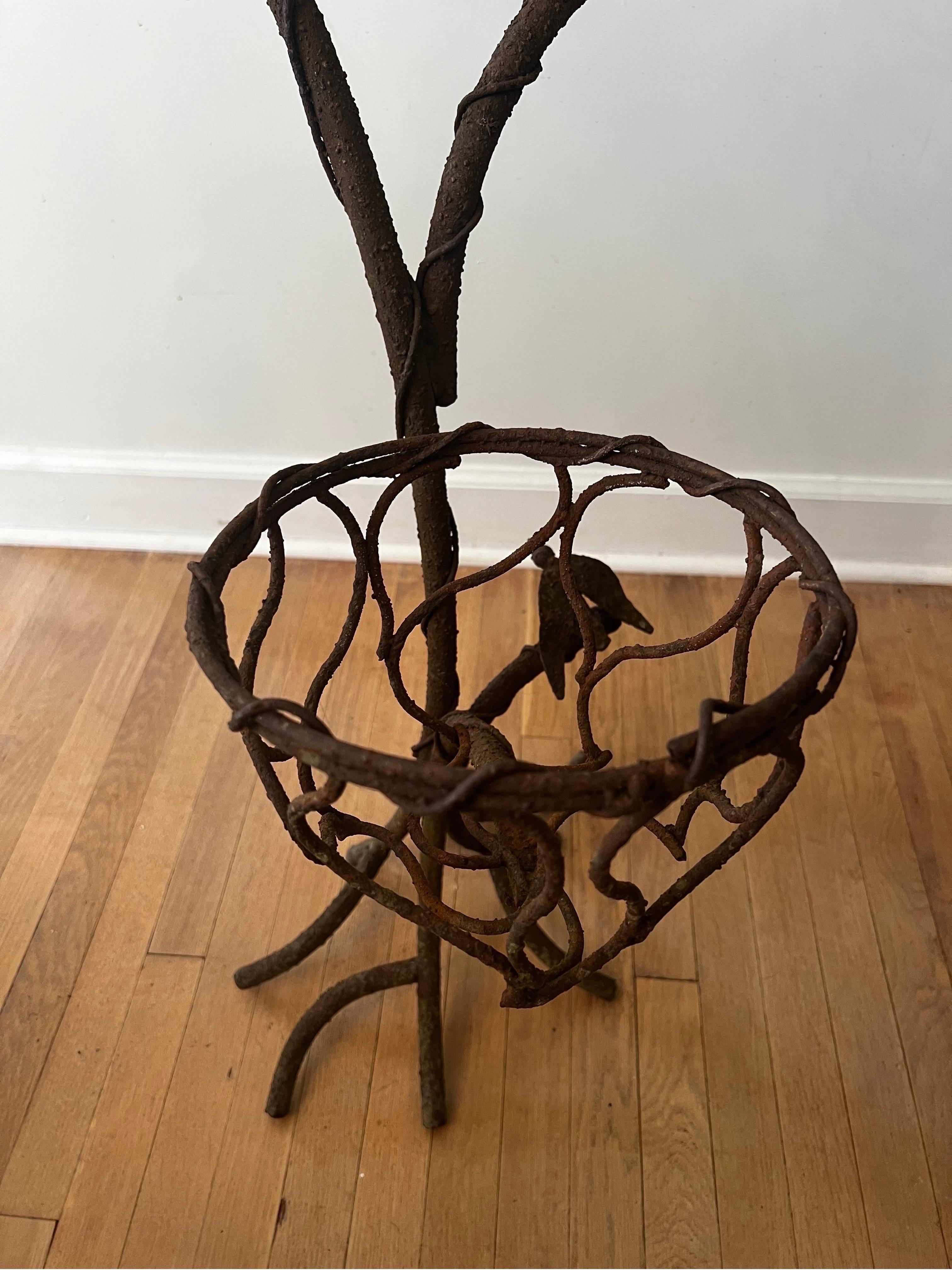French Vintage Wrought Iron Tree Branches with Bird Plant Stand in Manner of Giacometti For Sale