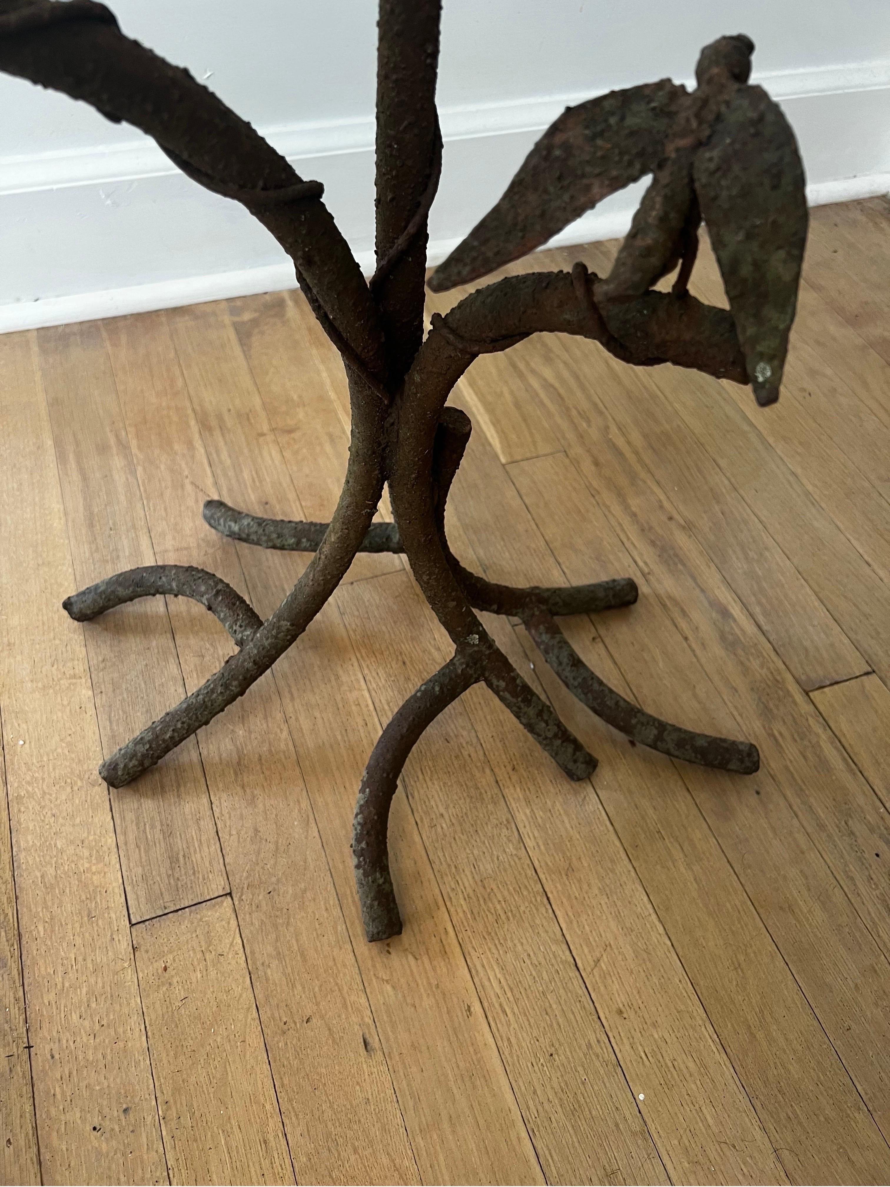Hand-Crafted Vintage Wrought Iron Tree Branches with Bird Plant Stand in Manner of Giacometti For Sale
