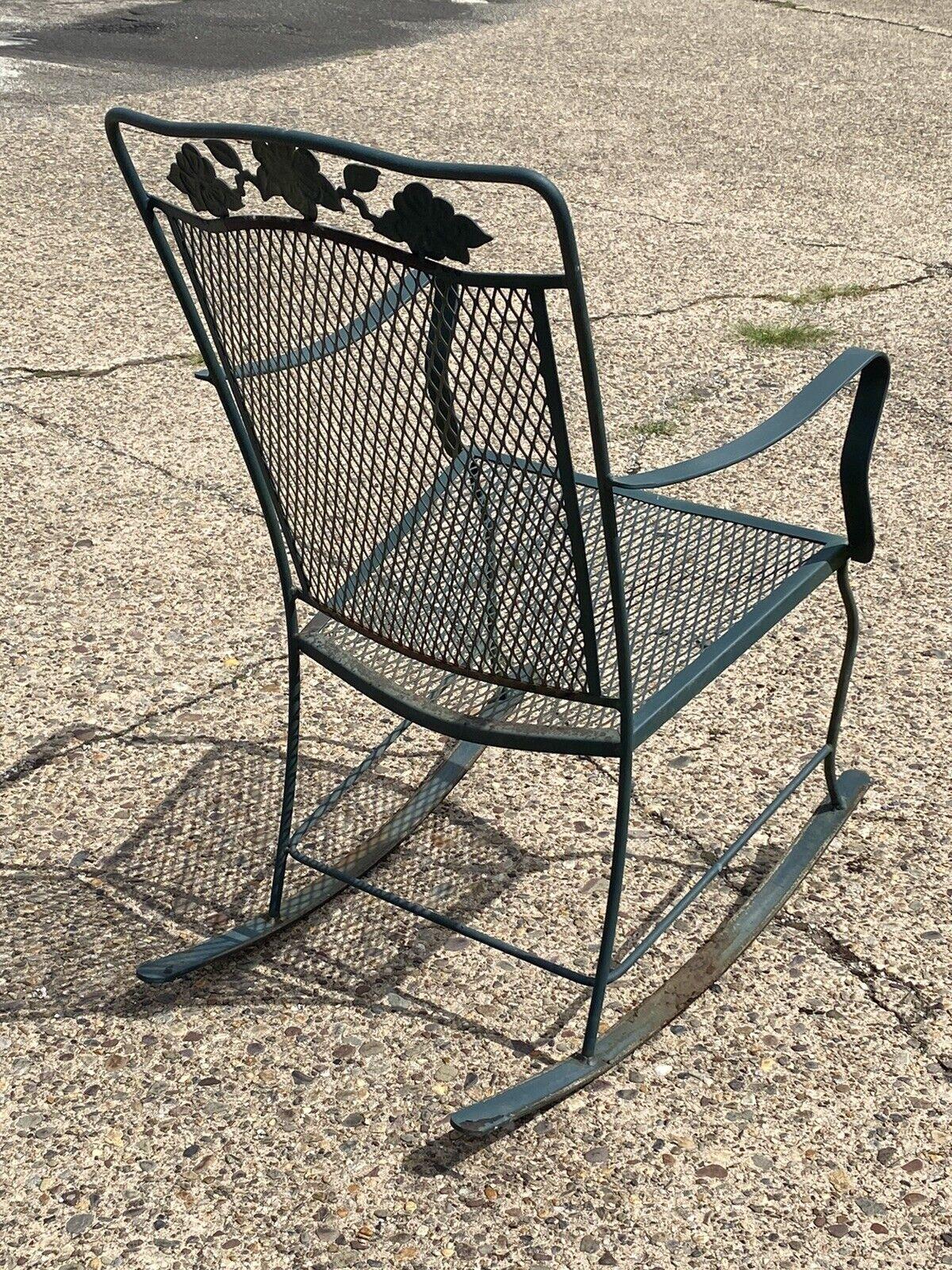 Vintage Wrought Iron Victorian Style Green Garden Patio Rocker Rocking Chair For Sale 3