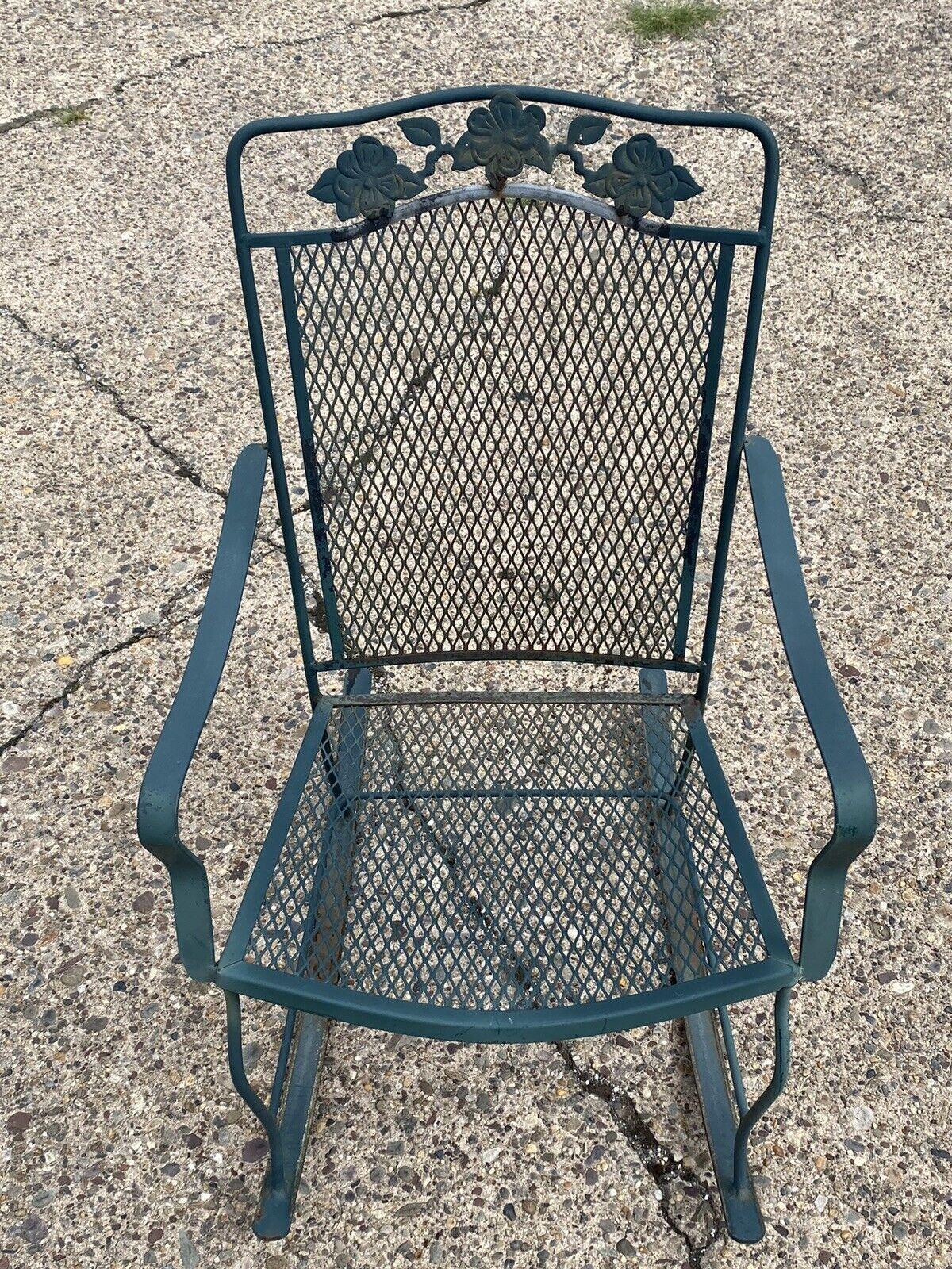 Vintage Wrought Iron Victorian Style Green Garden Patio Rocker Rocking Chair For Sale 4