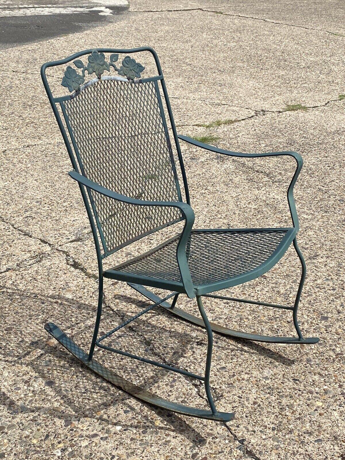 Vintage Wrought Iron Victorian Style Green Garden Patio Rocker Rocking Chair For Sale 5