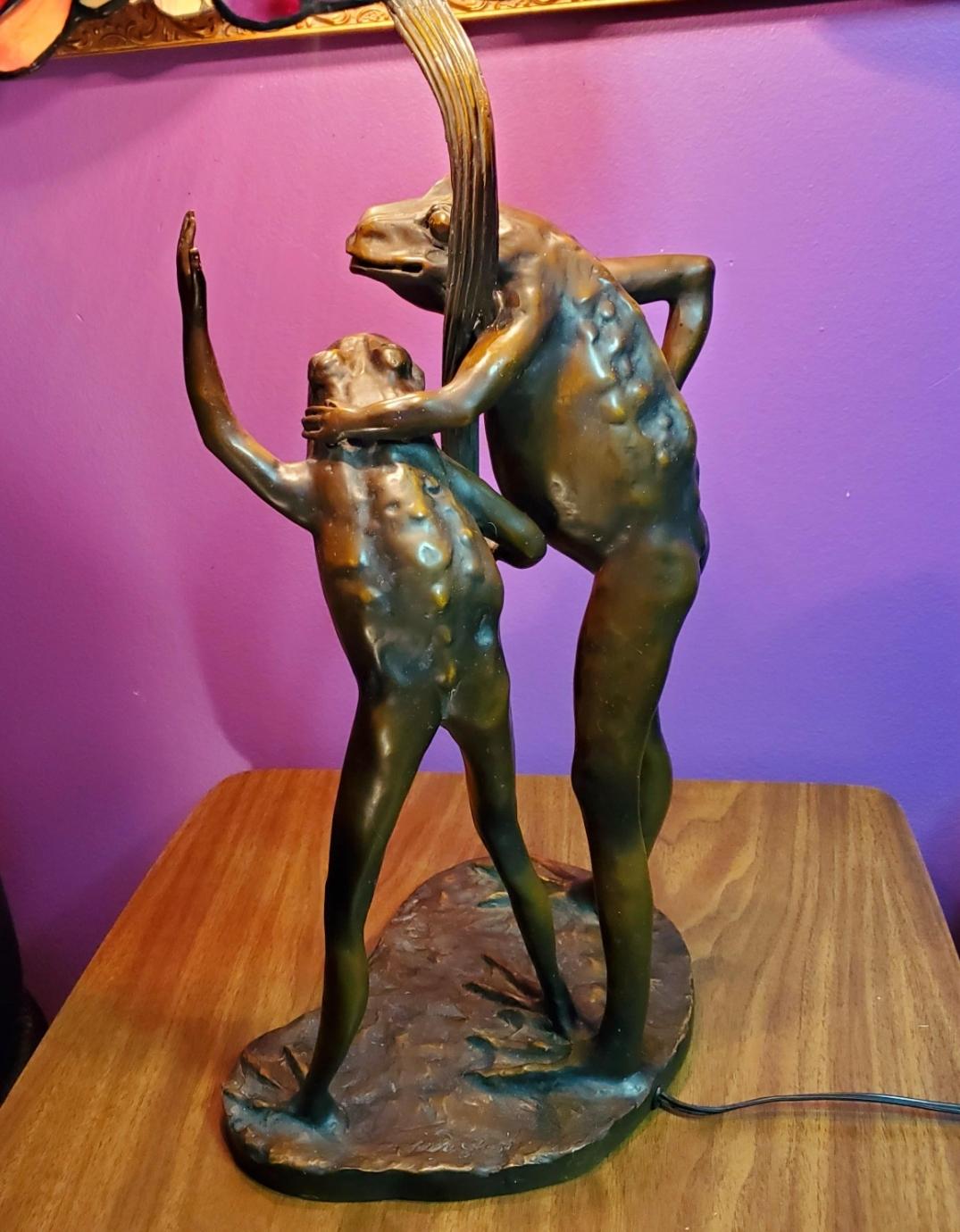 Art Nouveau Vintage Wuyh Bronze Frog Leaded Glass Lamp