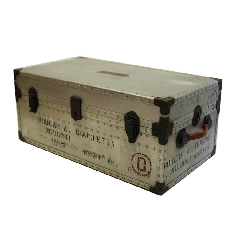 Vintage WW11 Polished Aluminum Military Trunk with Leather Handles