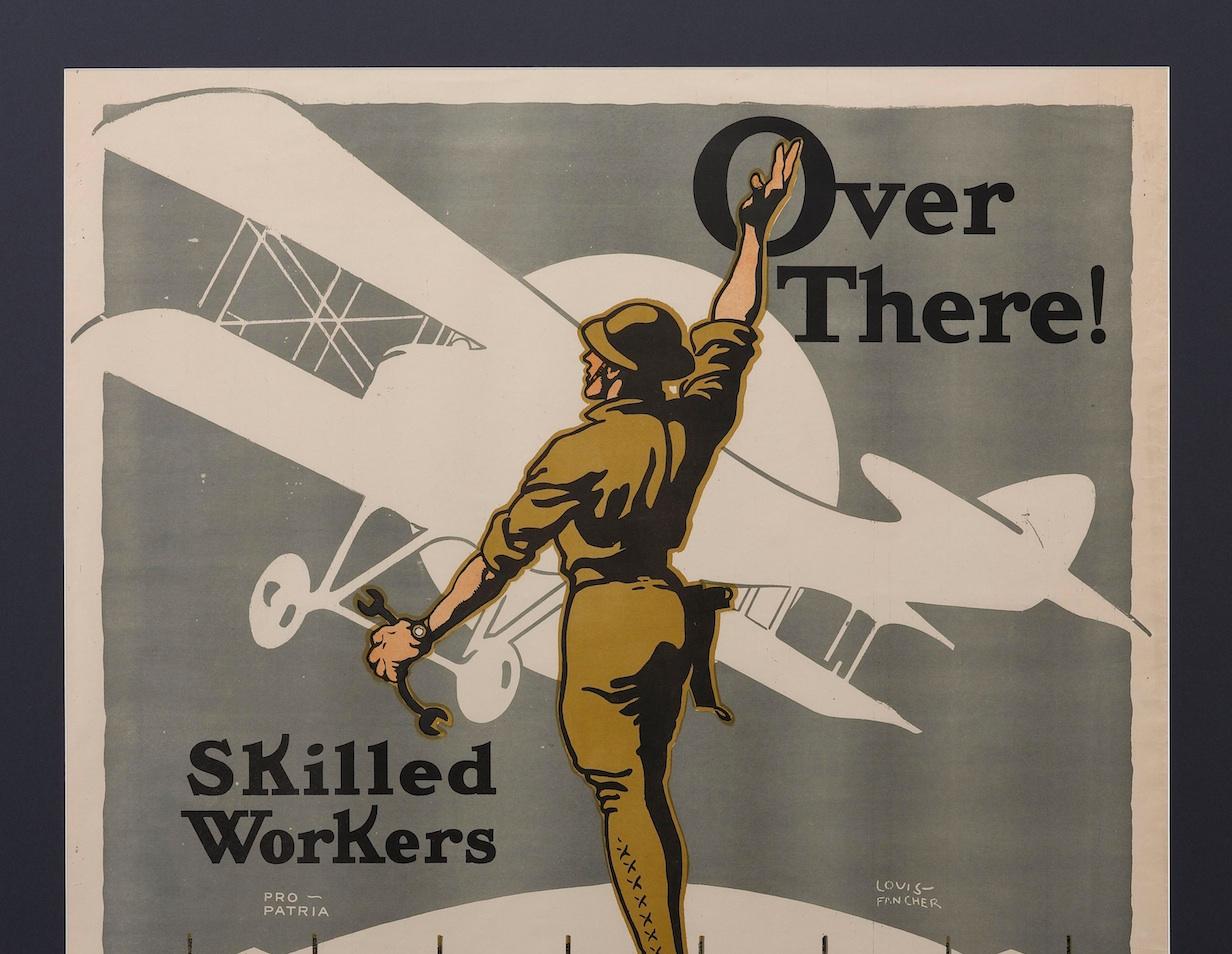 Offered is a 1918 WWI recruitment poster by Louis Fancher. This U.S. Army Signal Corps Recruitment Poster features an army serviceman raising one hand and holding a wrench with the other. A Silhouette of an airplane flies into the distance with the