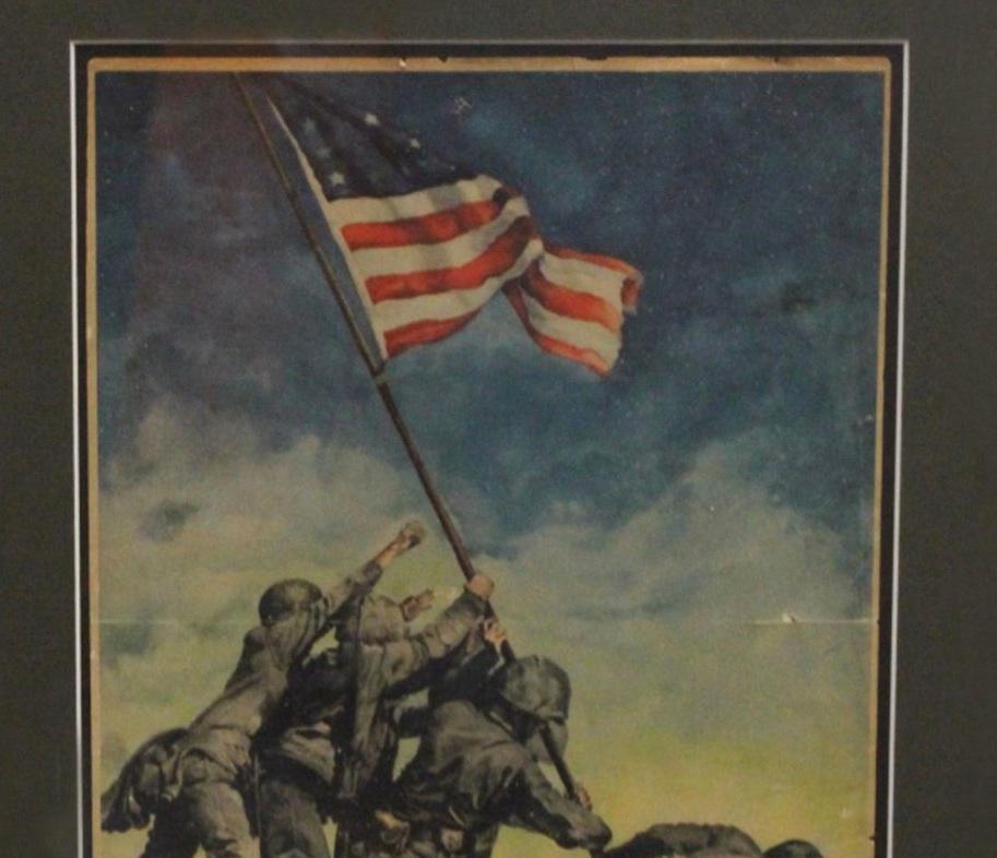 Presented is a framed original WWII poster promoting the 7th War Loan, published in 1945. The poster features marines raising an American flag at Iwo Jima by C.C. Beall. Patriotic and colorful, this poster inspired hope among Americans and enticed