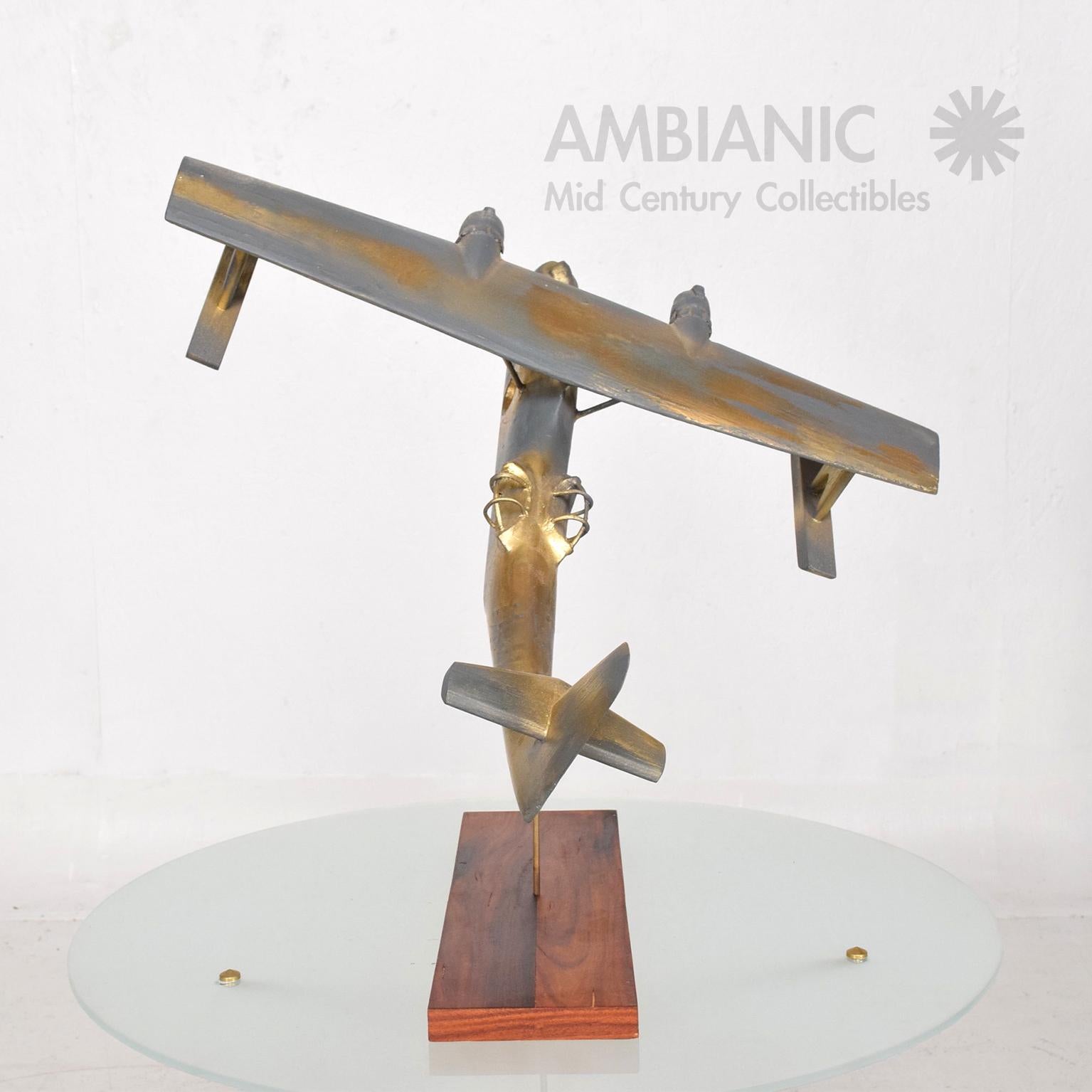 Mid-20th Century 1950s WWII Airplane Sculpture Faux Patina Wood Brass Modern Art