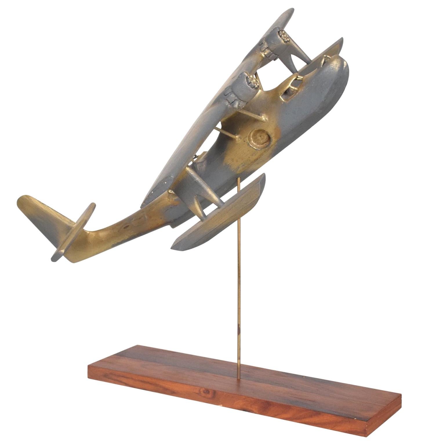 Vintage WWII Airplane Sculpture Faux Patina Wood Brass Modern Art, 1950s