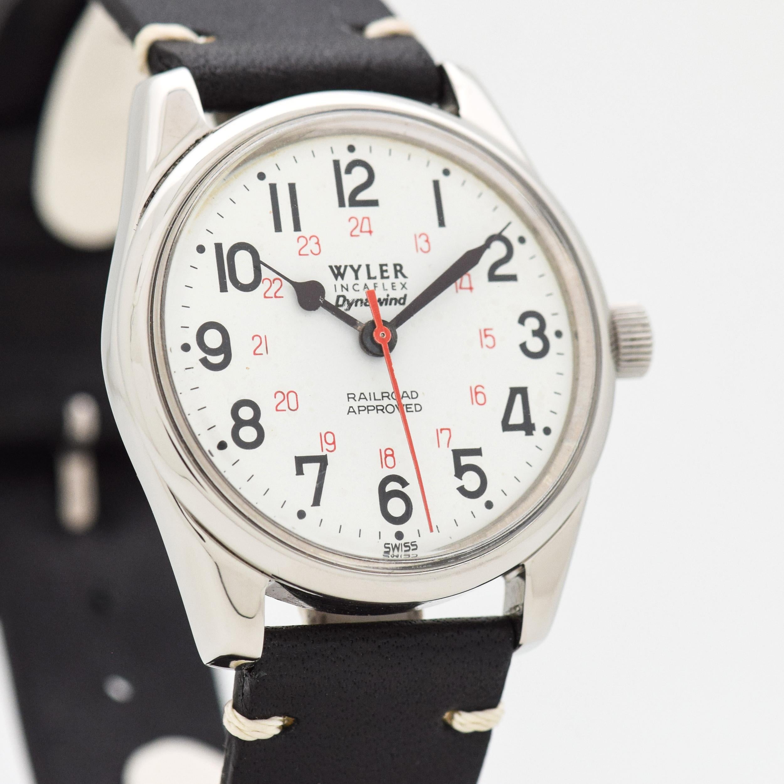 1960's Vintage Wyler Incaflex Dynawind Lifeguard watch. Stainless Steel case that measures in at 33mm wide. White dial with black-colored, Arabic numerals. Powered by a 17-jewel, manual caliber ETA movement. Equipped with a black-colored, Genuine