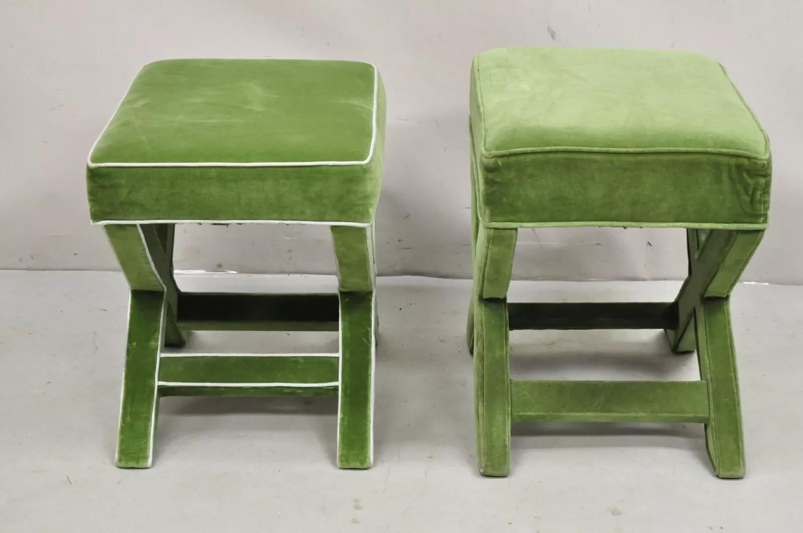 Vintage X-Base Billy Baldwin Style Green Upholstered Bench Stools - Similar Pair For Sale 3