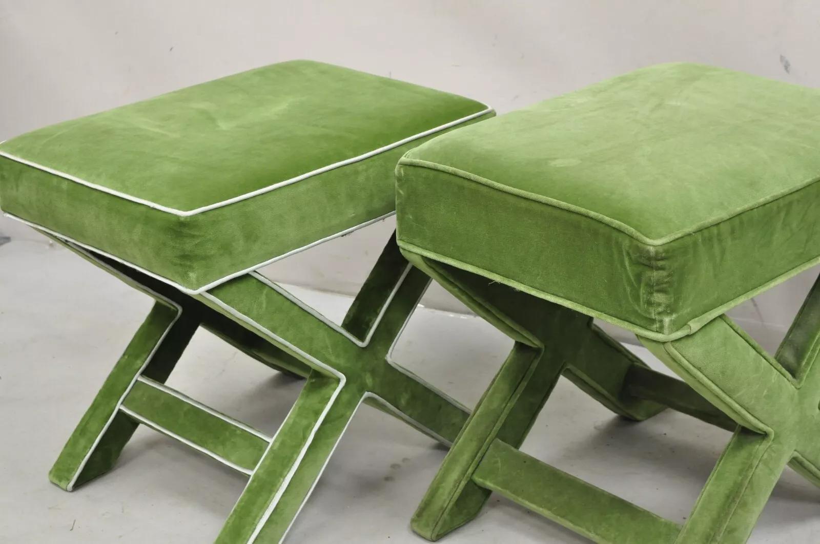 Vintage X-Base Billy Baldwin Style Green Upholstered Bench Stools - Similar Pair For Sale 4