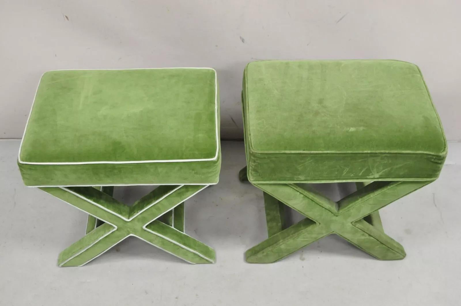 Vintage X-Base Billy Baldwin Style Green Upholstered Bench Stools - Similar Pair For Sale 5