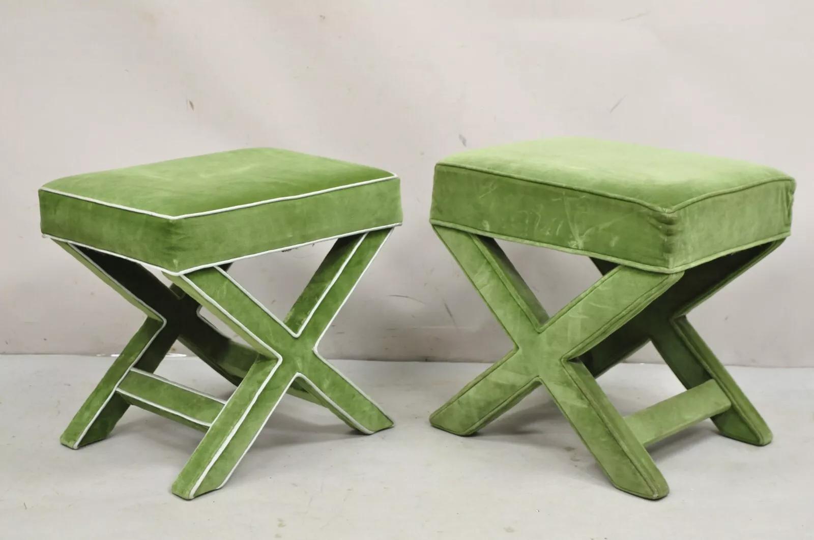 Vintage X-Base Billy Baldwin Style Green Upholstered Hollywood Regency Bench Stools - Similar Pair with Some Differences. Circa Mid 20th Century. Measurements: Larger: 20