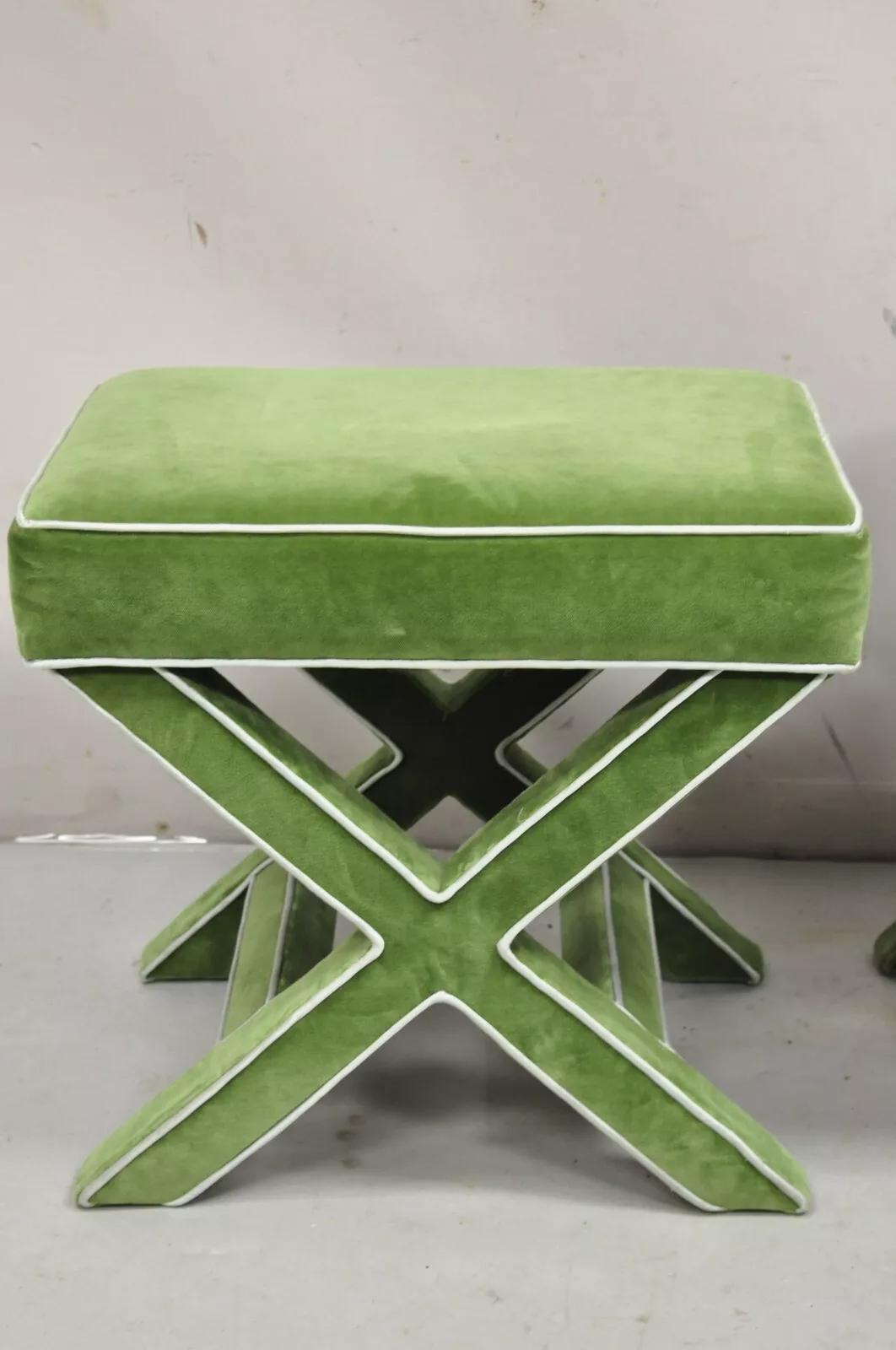 Hollywood Regency Vintage X-Base Billy Baldwin Style Green Upholstered Bench Stools - Similar Pair For Sale