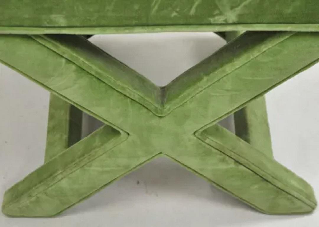 Vintage X-Base Billy Baldwin Style Green Upholstered Bench Stools - Similar Pair For Sale 1