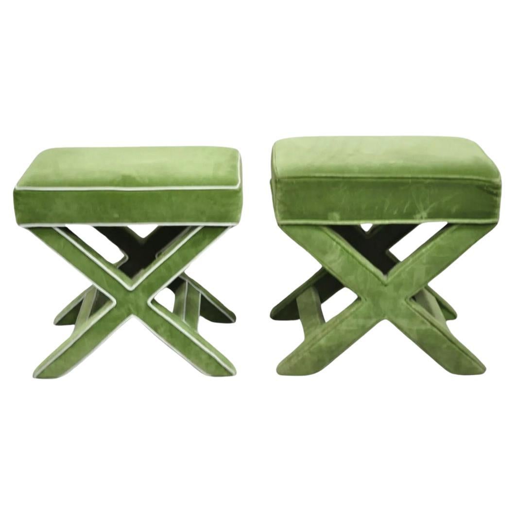 Vintage X-Base Billy Baldwin Style Green Upholstered Bench Stools - Similar Pair For Sale