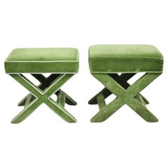 Vintage X-Base Billy Baldwin Style Green Upholstered Bench Stools - Similar Pair