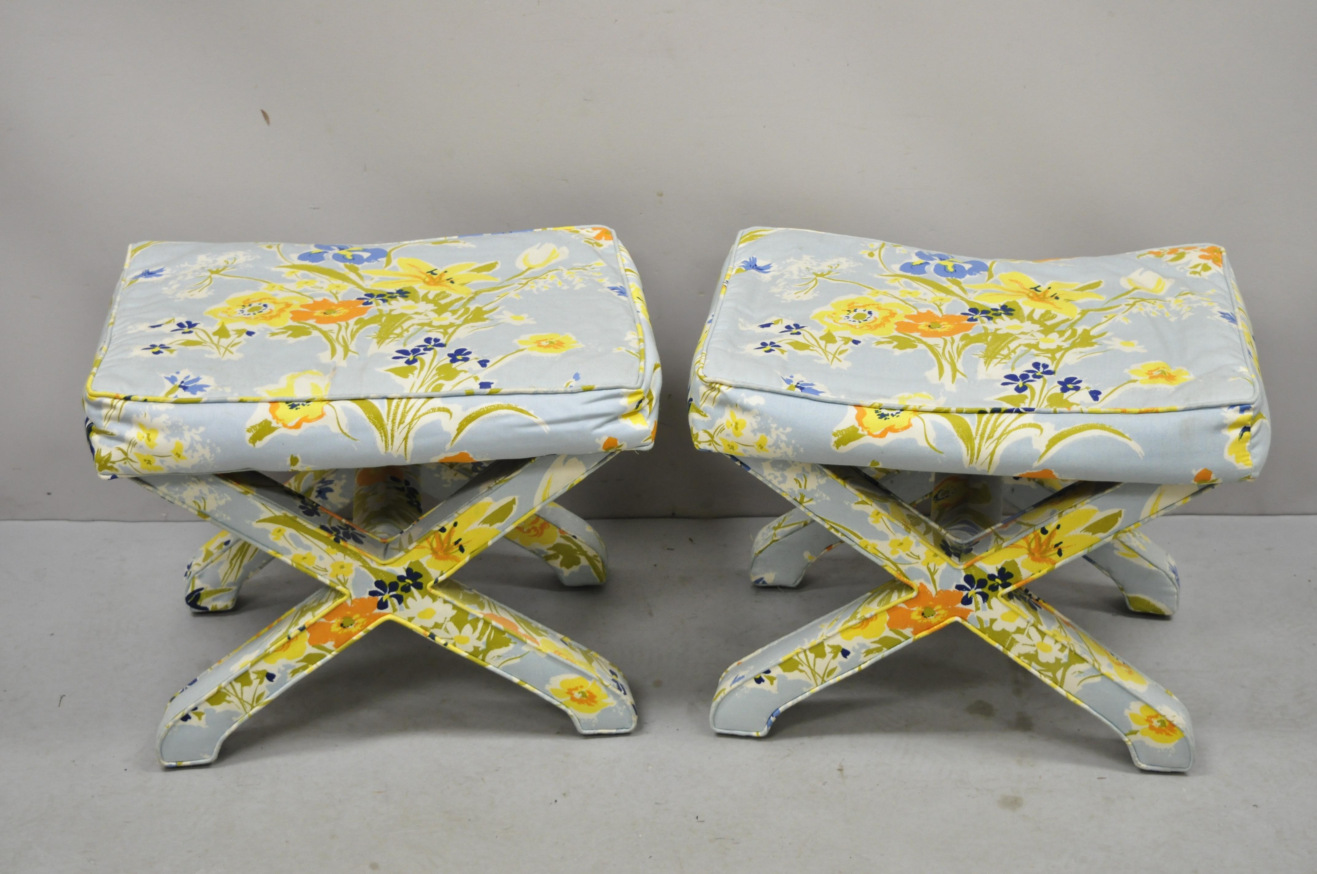 Vintage X-Form Hollywood Regency blue and orange floral print stools - a pair. Item features original blue and orange floral print, fully upholstered frames, very nice vintage pair, clean modernist lines, great style and form. Circa 1960s.